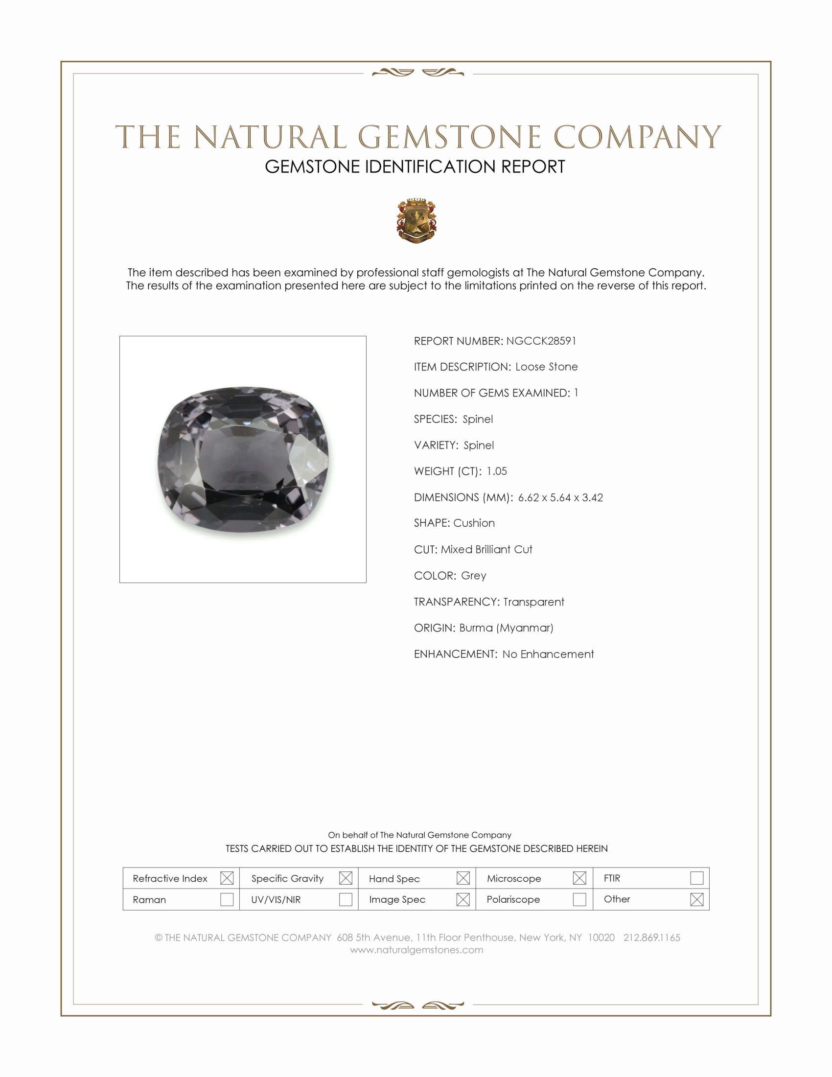 1.05 Ct. Grey Spinel from Burma (Myanmar)
