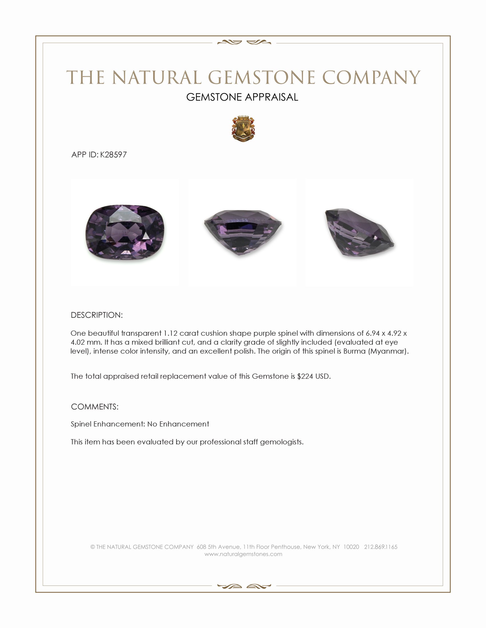 1.12 Ct. Purple Spinel from Burma (Myanmar)