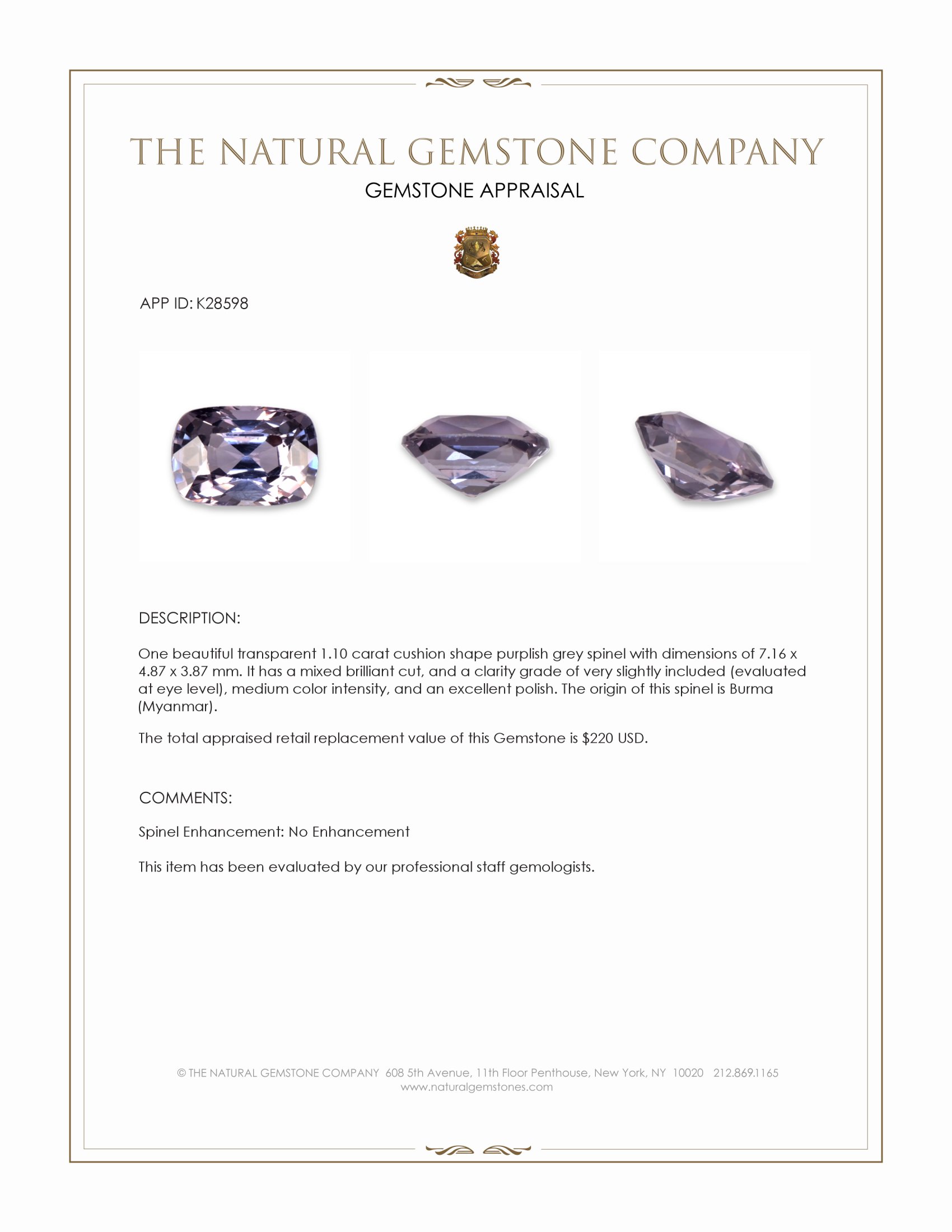 1.10 Ct. Purplish Grey Spinel from Burma (Myanmar)