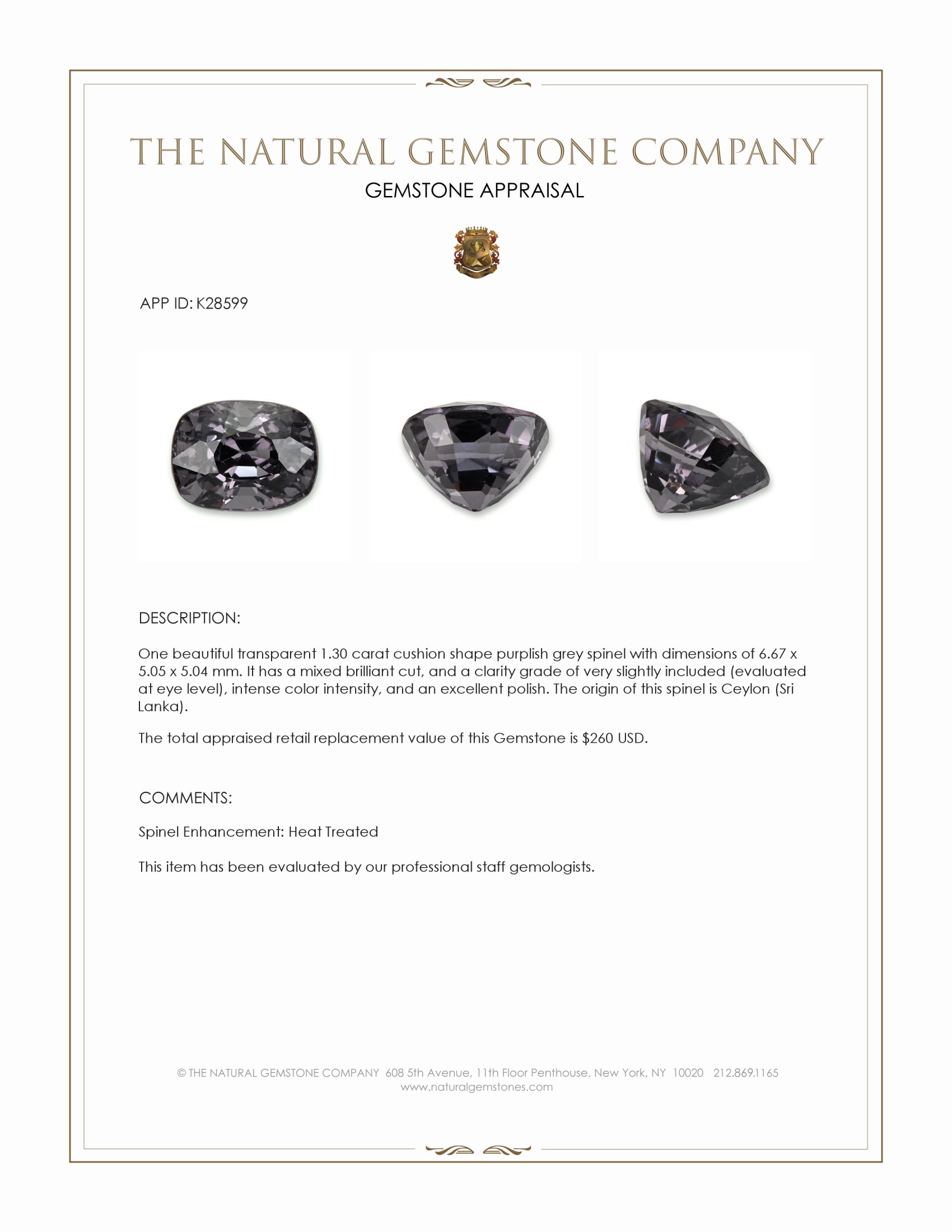 1.30 Ct. Purplish Grey Spinel from Ceylon (Sri Lanka)