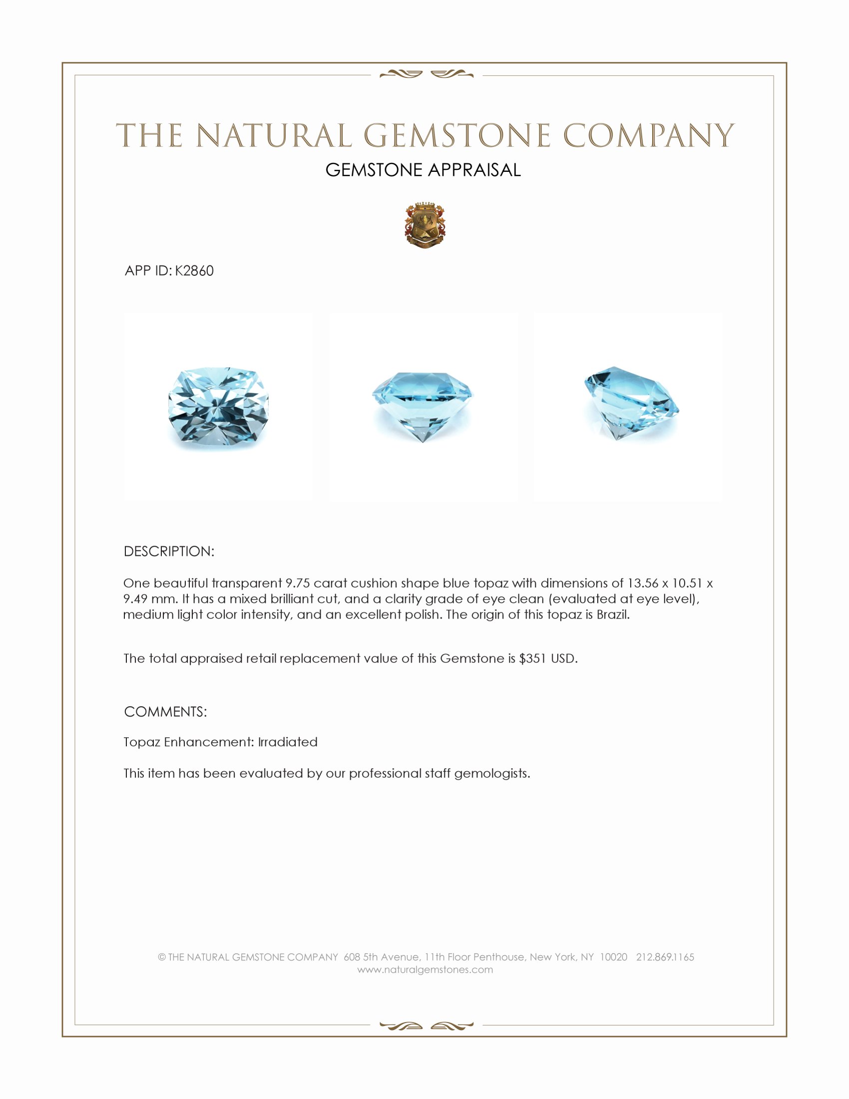 9.75 Ct. Blue Topaz from Brazil