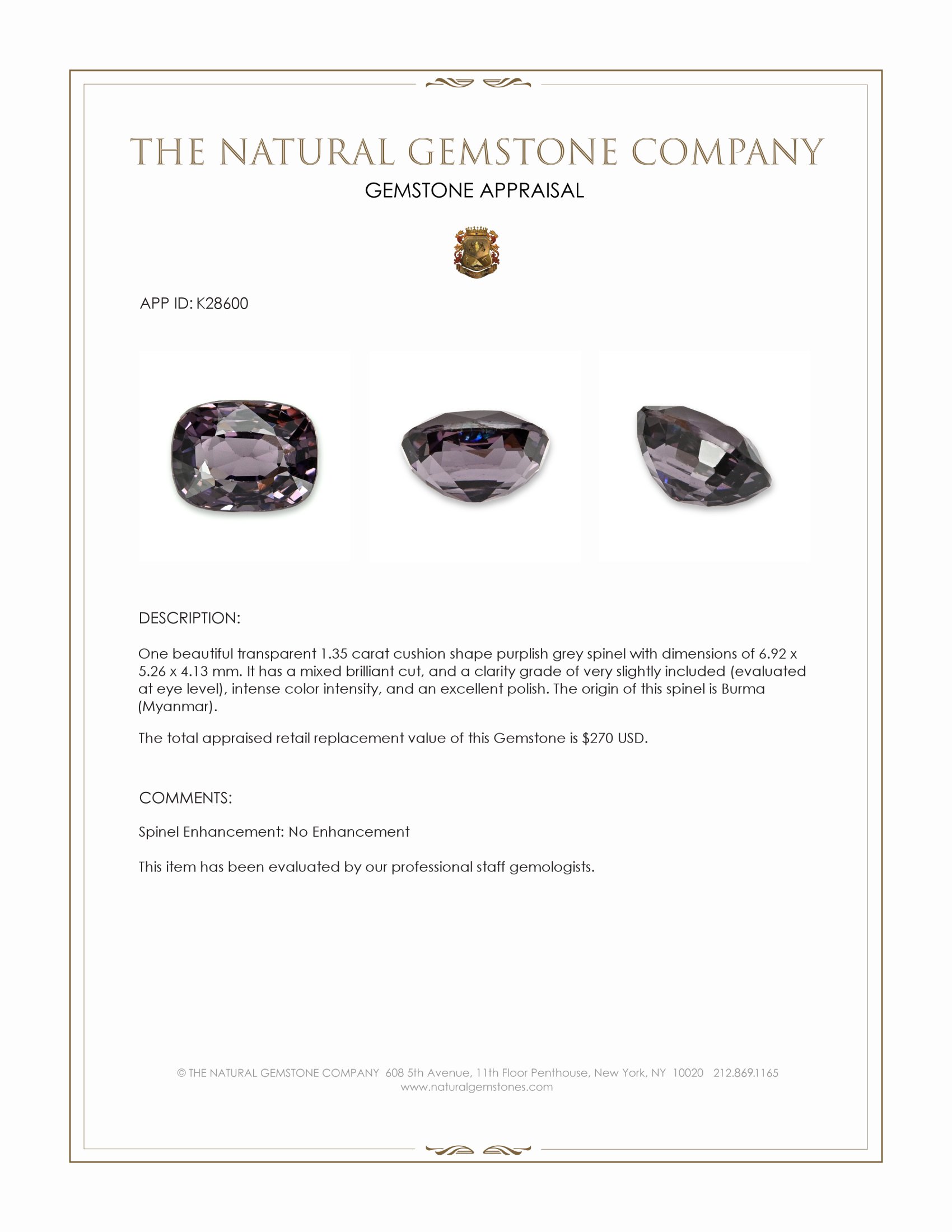 1.35 Ct. Purplish Grey Spinel from Burma (Myanmar)