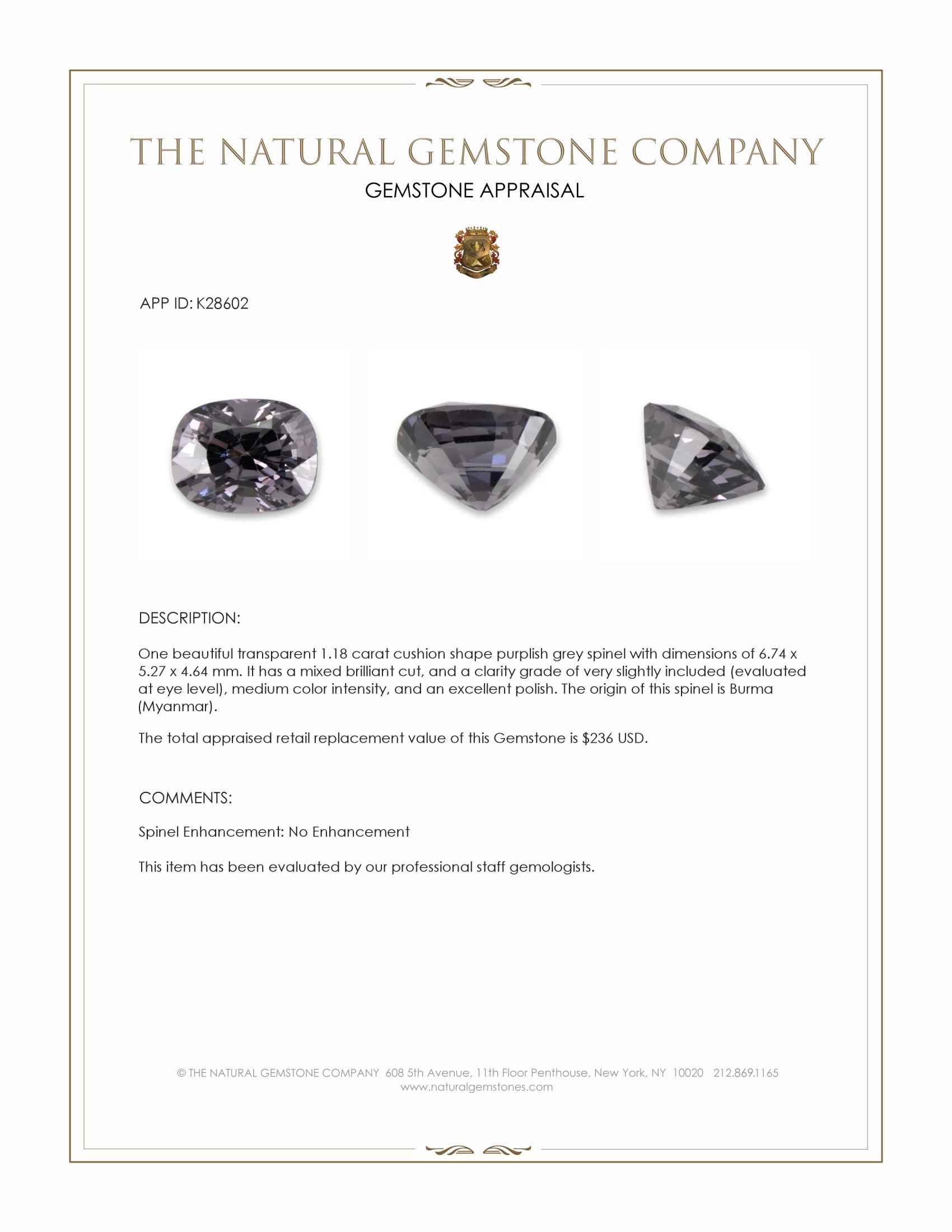 1.18 Ct. Purplish Grey Spinel from Burma (Myanmar)