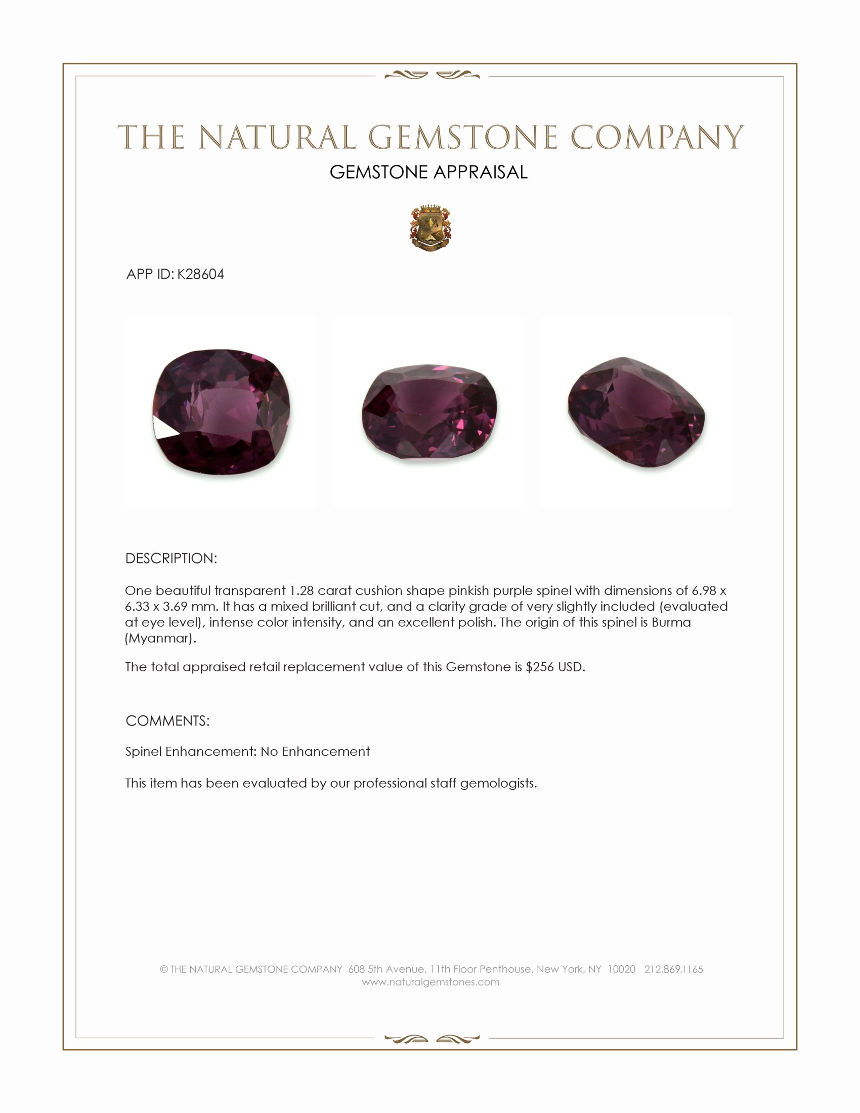 1.28 Ct. Pinkish Purple Spinel from Burma (Myanmar)