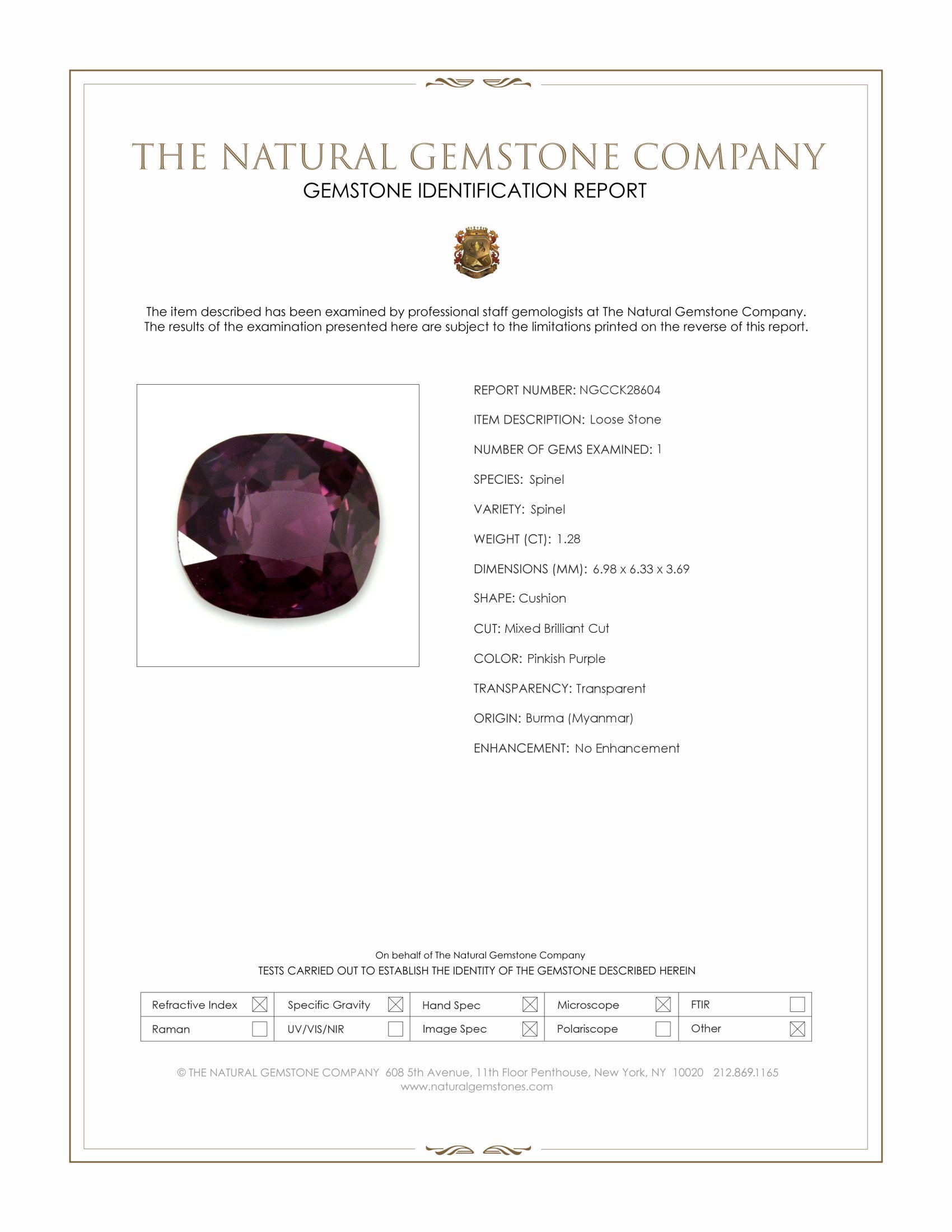 1.28 Ct. Pinkish Purple Spinel from Burma (Myanmar)