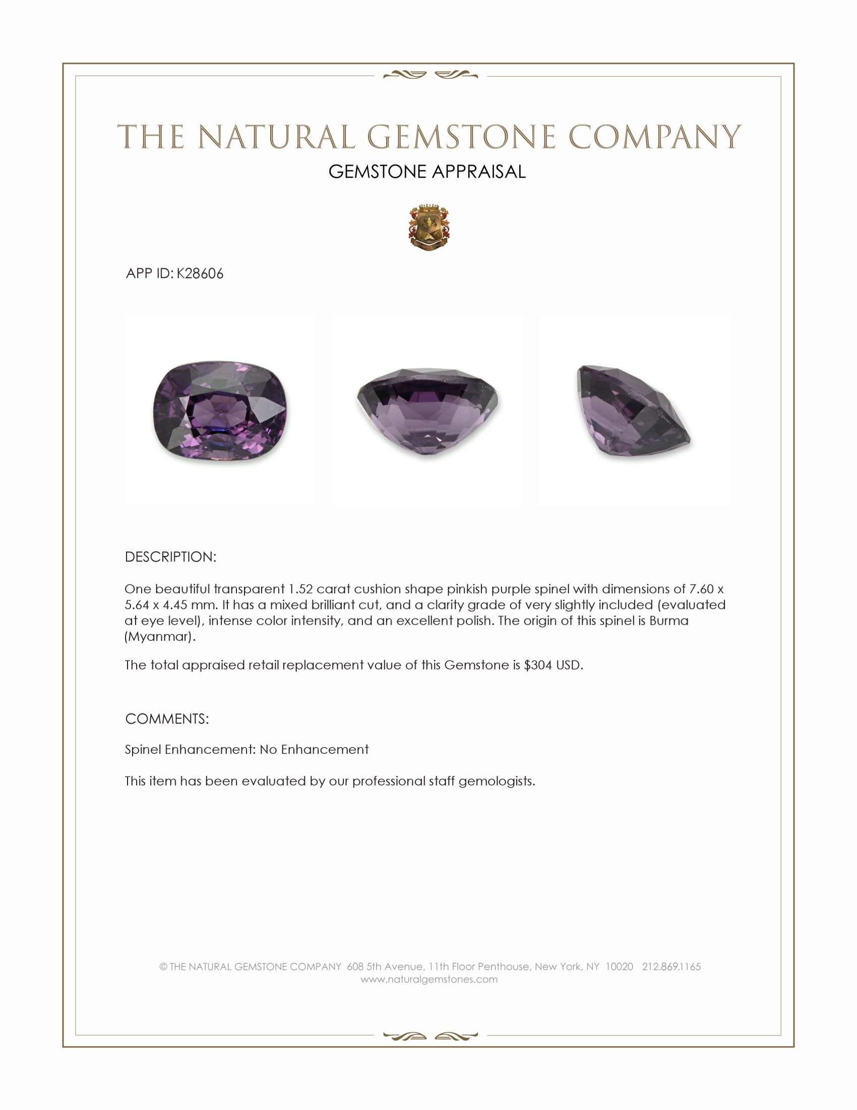 1.52 Ct. Pinkish Purple Spinel from Burma (Myanmar)