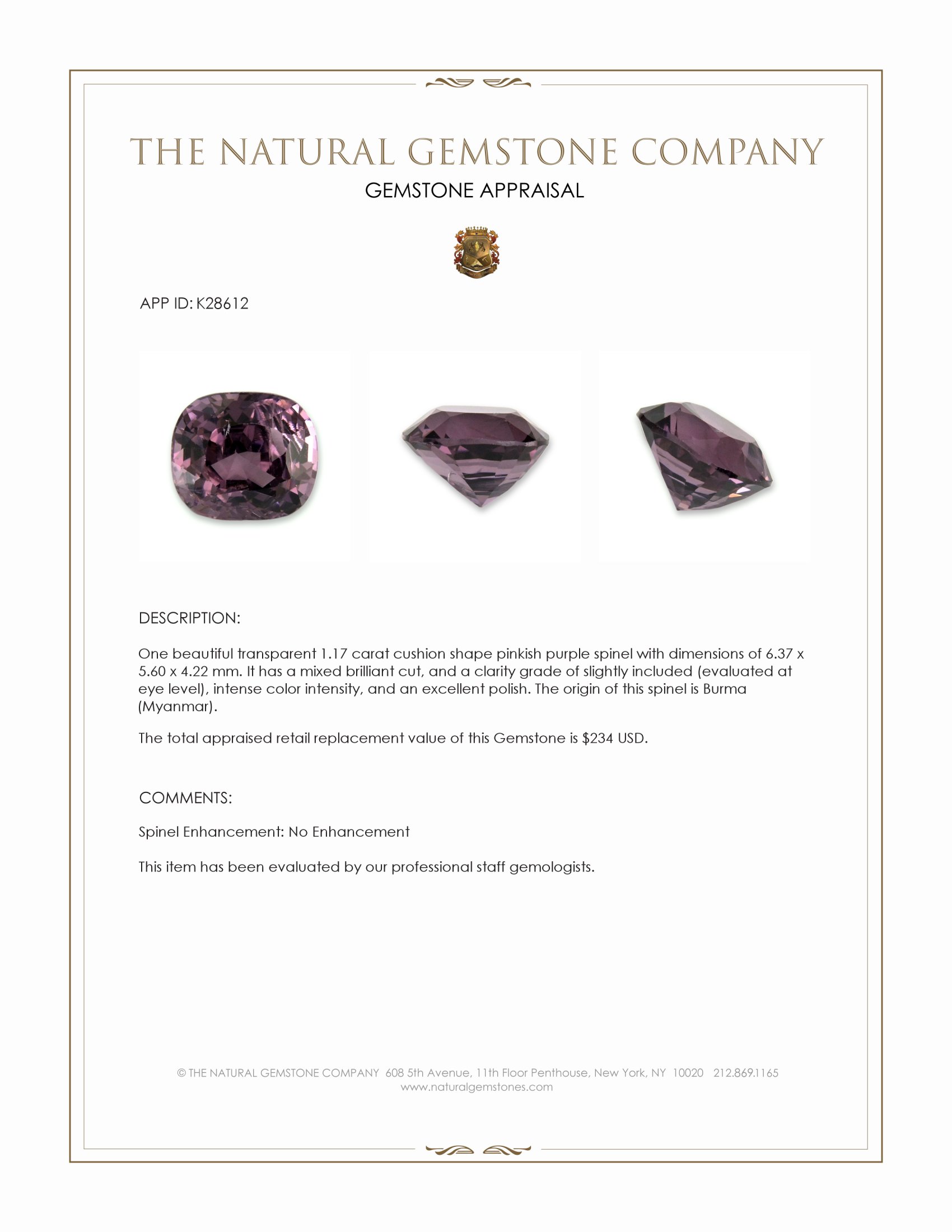 1.17 Ct. Pinkish Purple Spinel from Burma (Myanmar)
