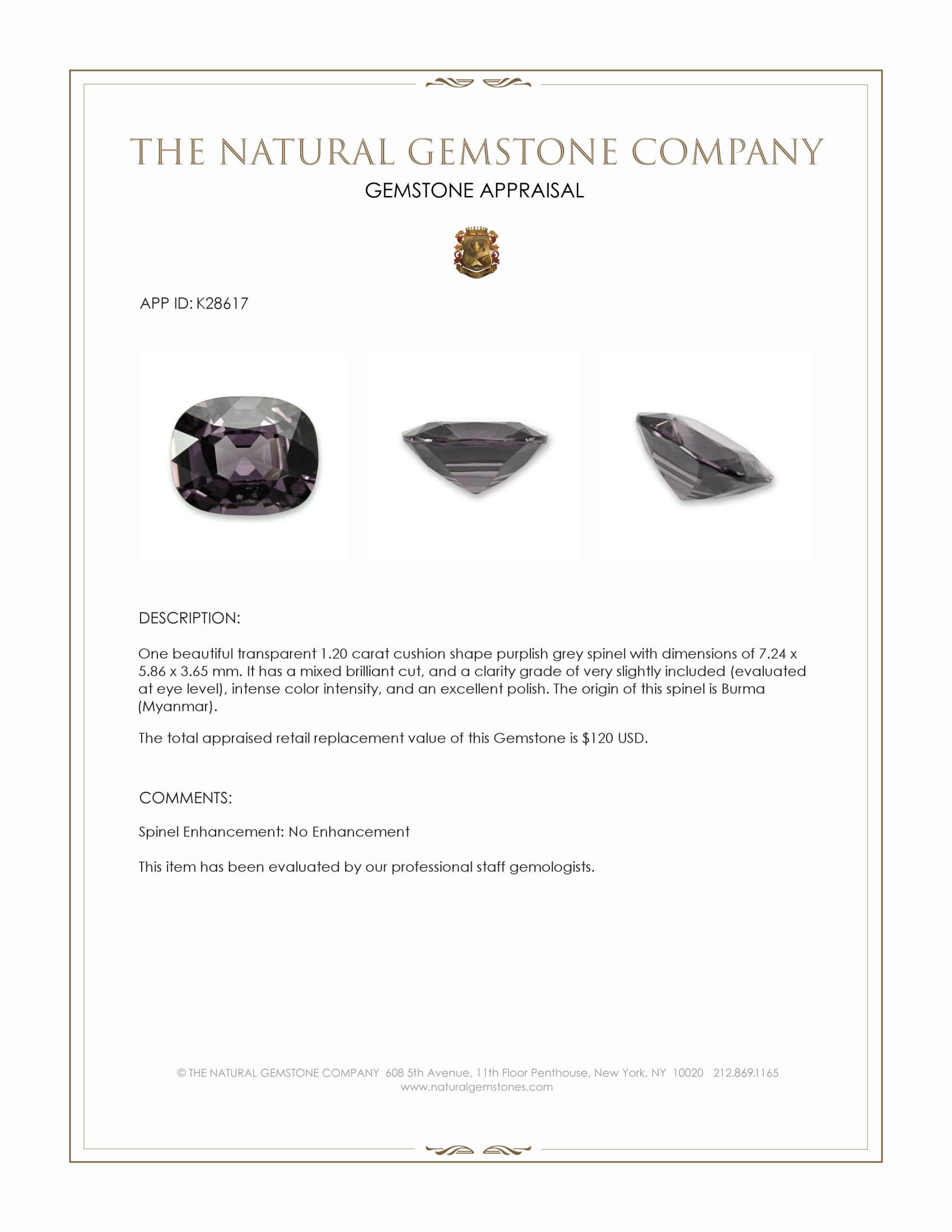 1.20 Ct. Purplish Grey Spinel from Burma (Myanmar)