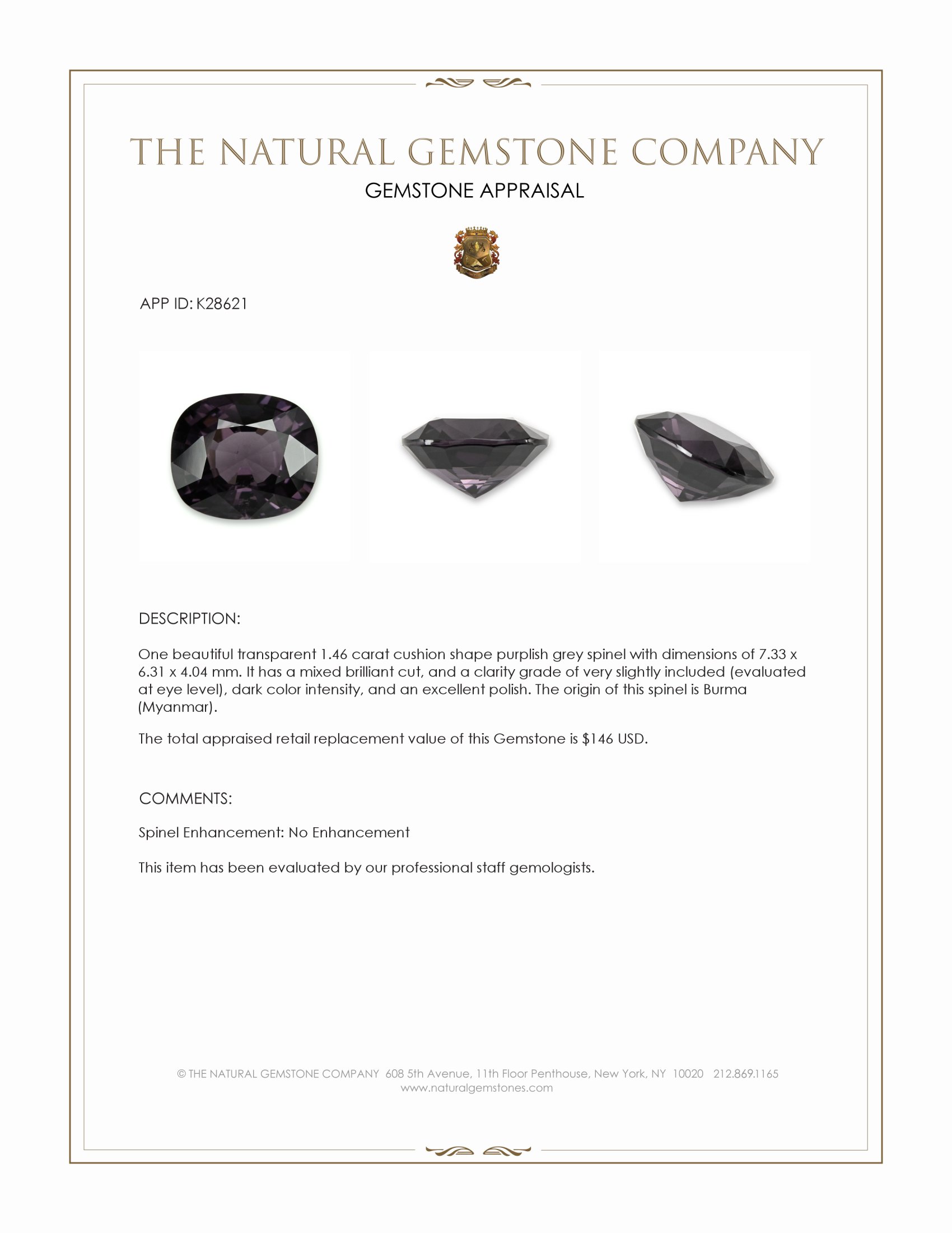 1.46 Ct. Purplish Grey Spinel from Burma (Myanmar)