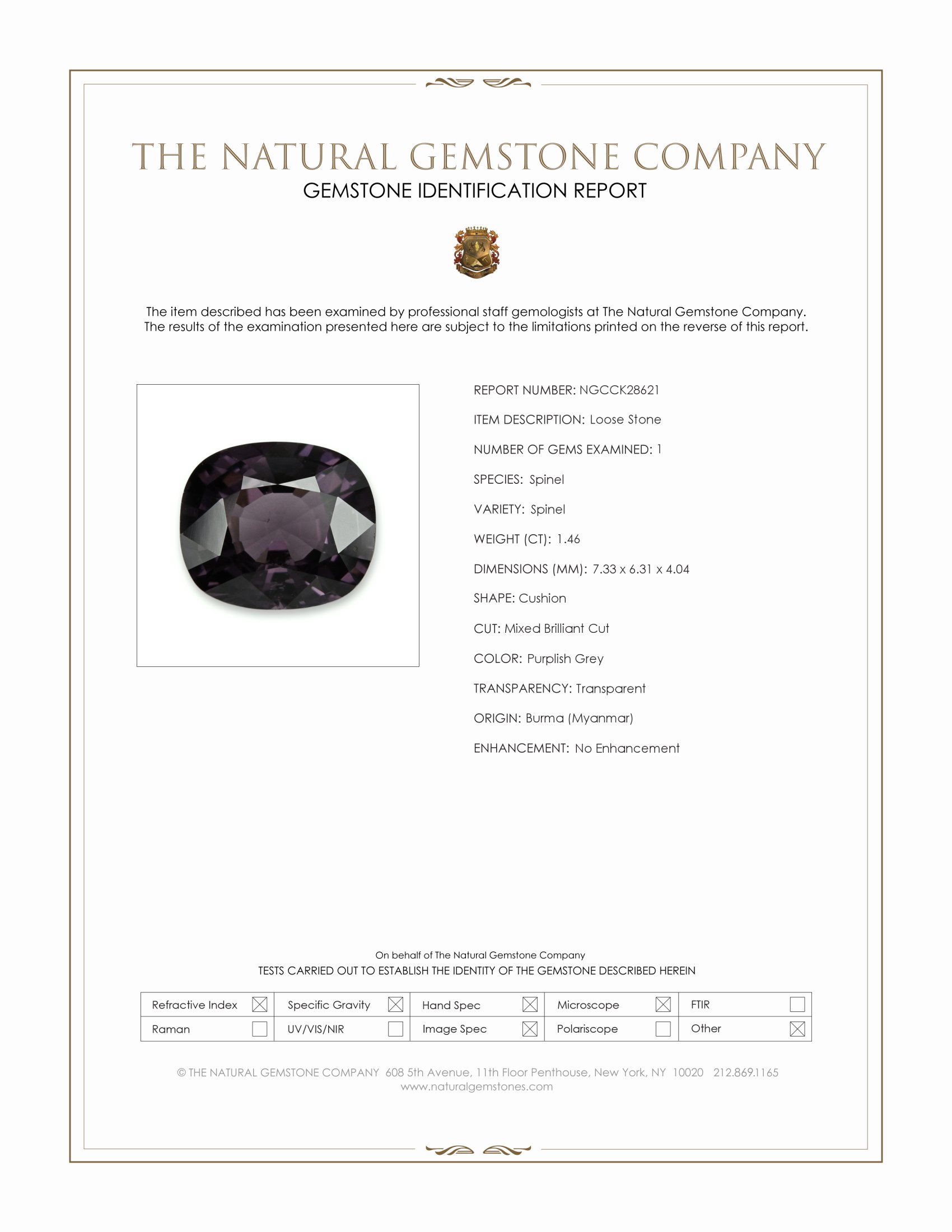 1.46 Ct. Purplish Grey Spinel from Burma (Myanmar)