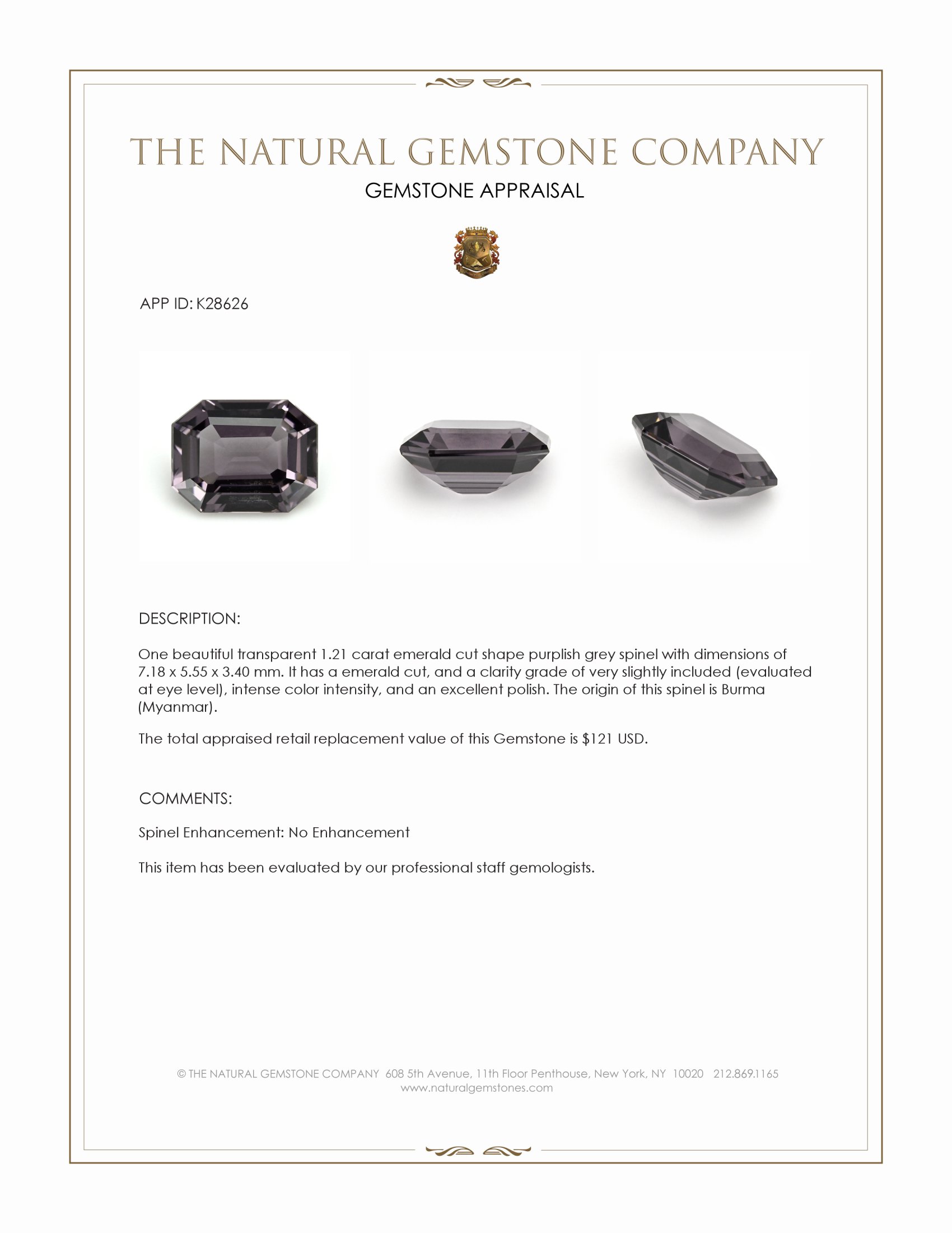 1.21 Ct. Purplish Grey Spinel from Burma (Myanmar)