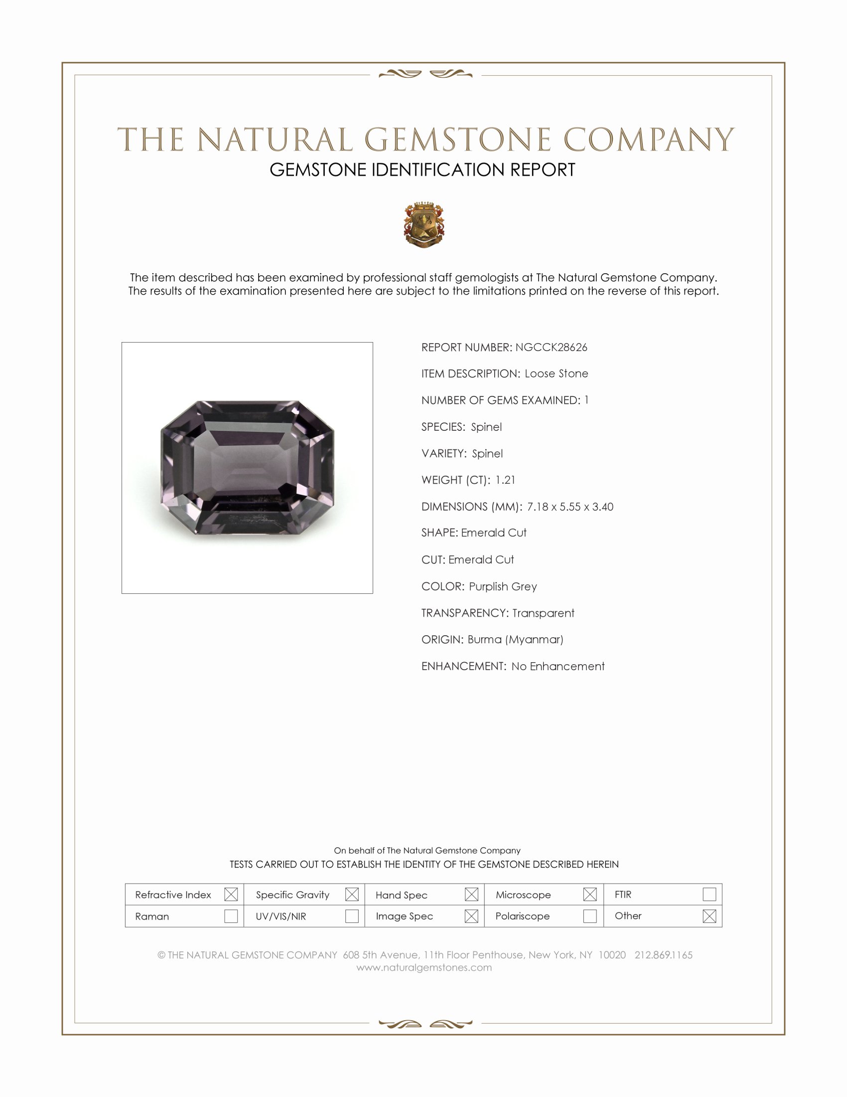 1.21 Ct. Purplish Grey Spinel from Burma (Myanmar)