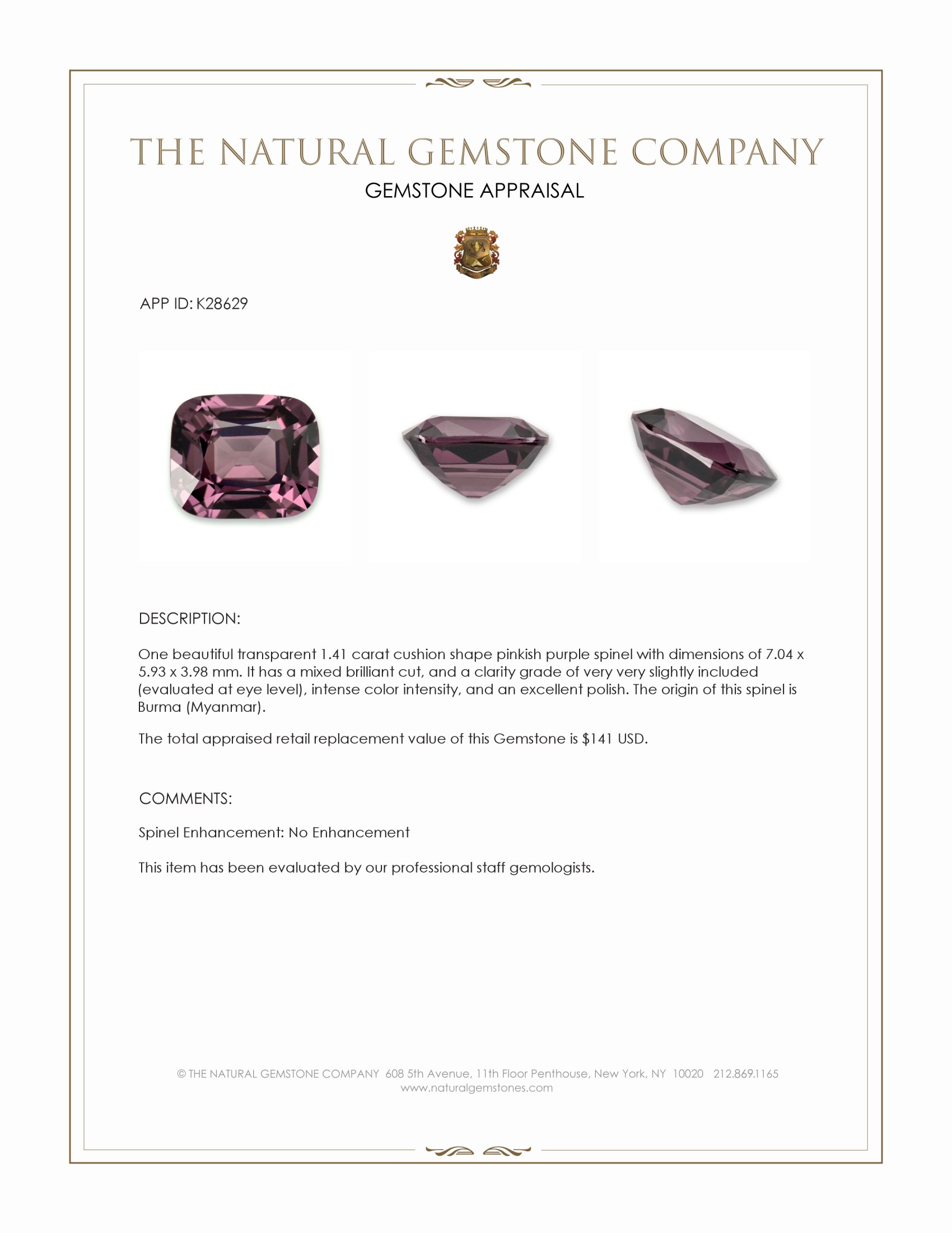 1.41 Ct. Pinkish Purple Spinel from Burma (Myanmar)