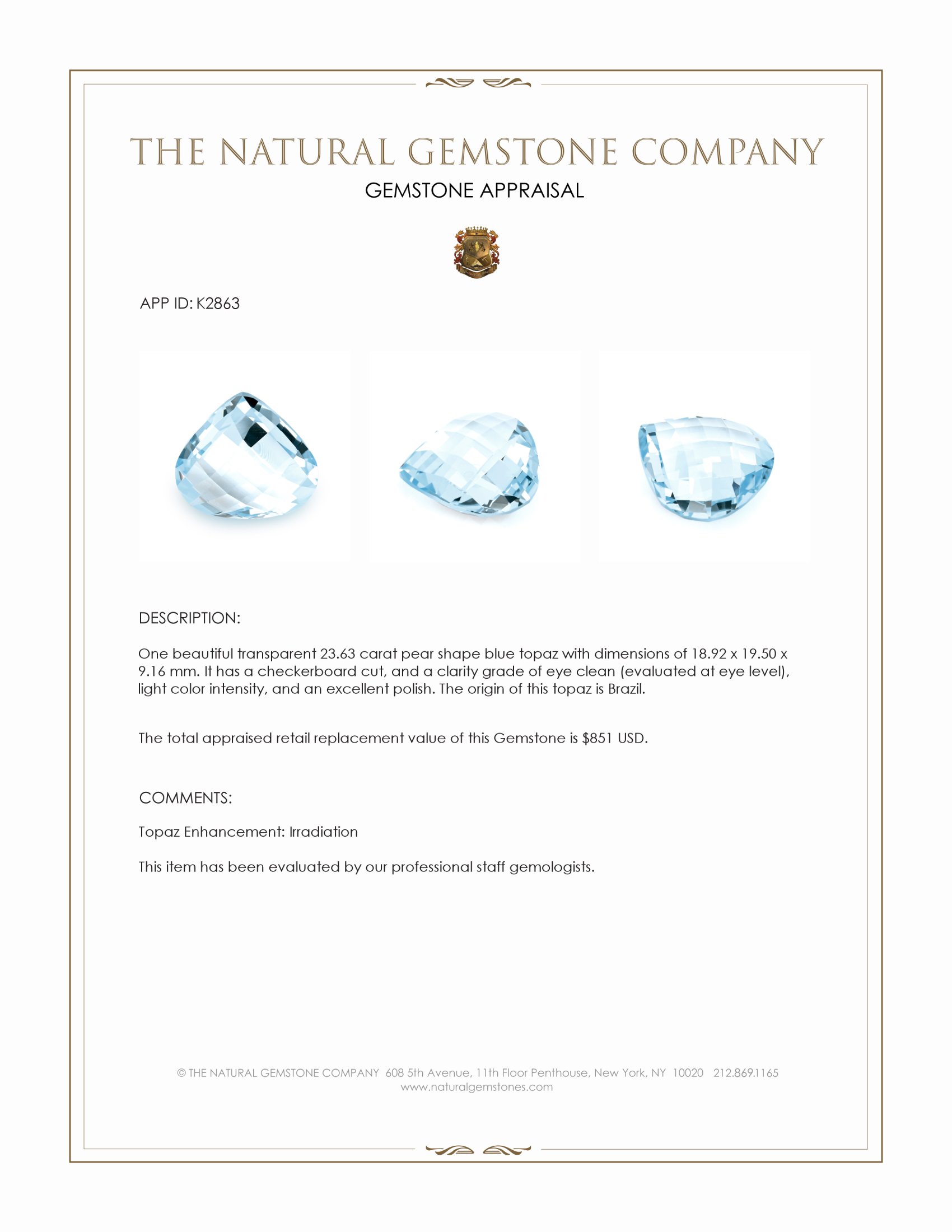 23.63 Ct. Blue Topaz from Brazil