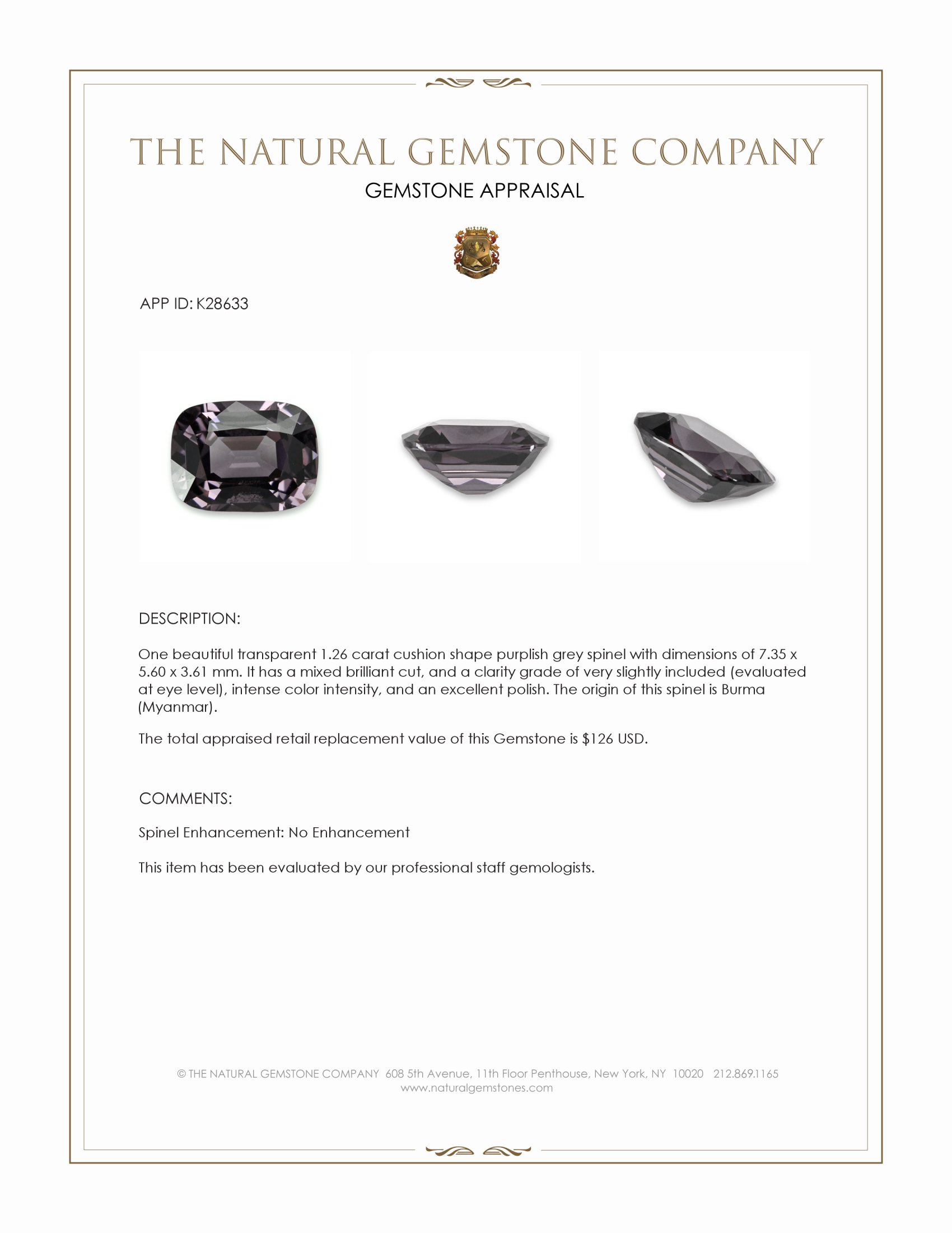 1.26 Ct. Purplish Grey Spinel from Burma (Myanmar)