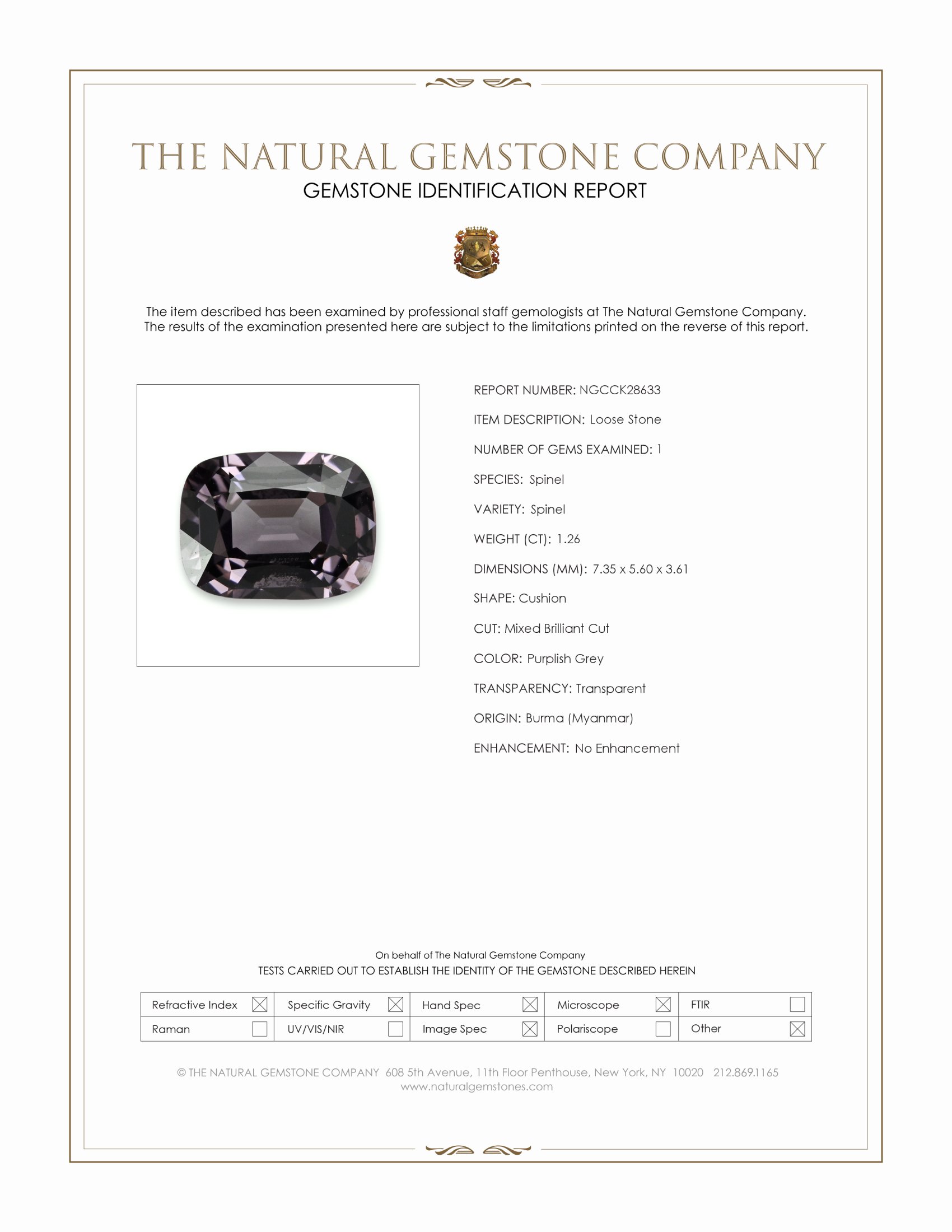 1.26 Ct. Purplish Grey Spinel from Burma (Myanmar)