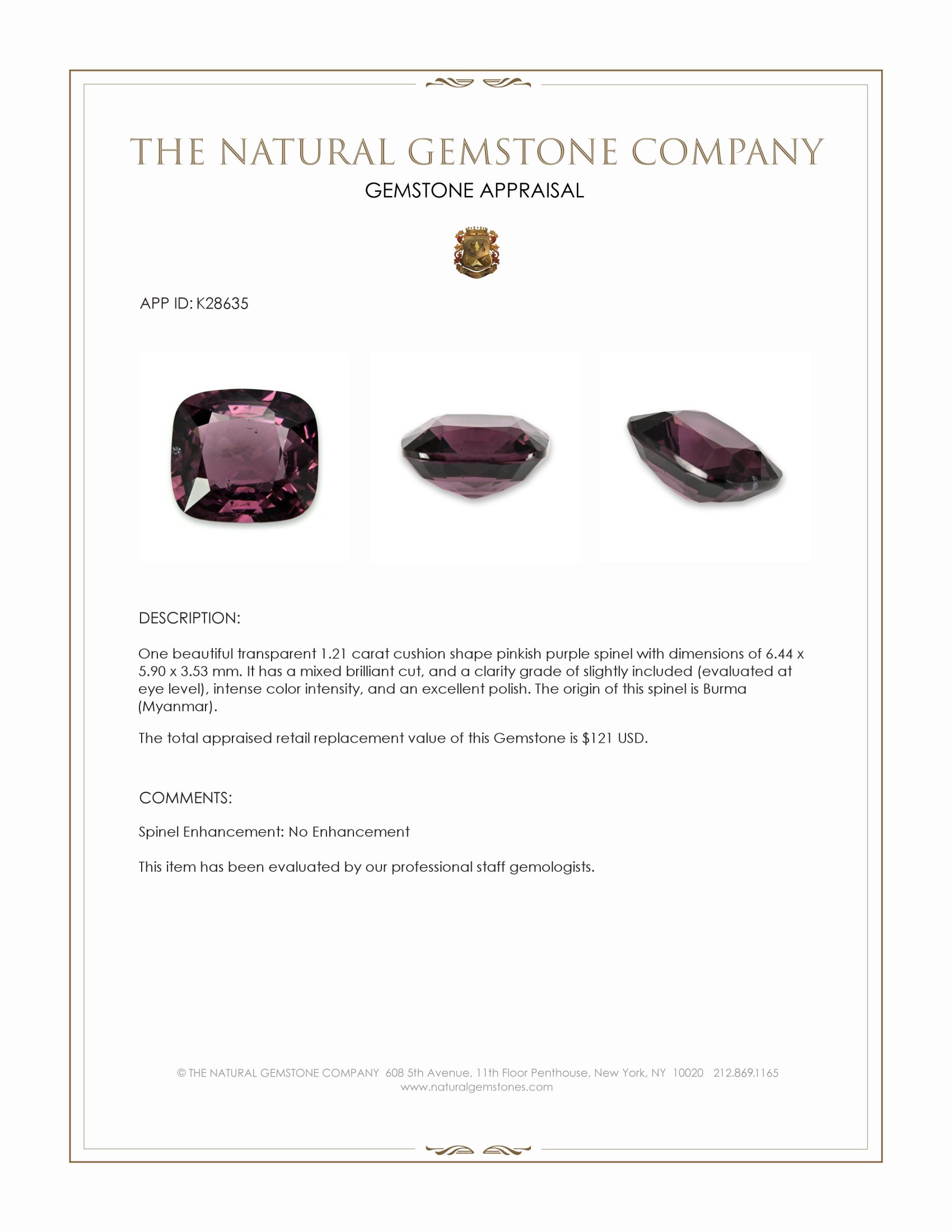 1.21 Ct. Pinkish Purple Spinel from Burma (Myanmar)