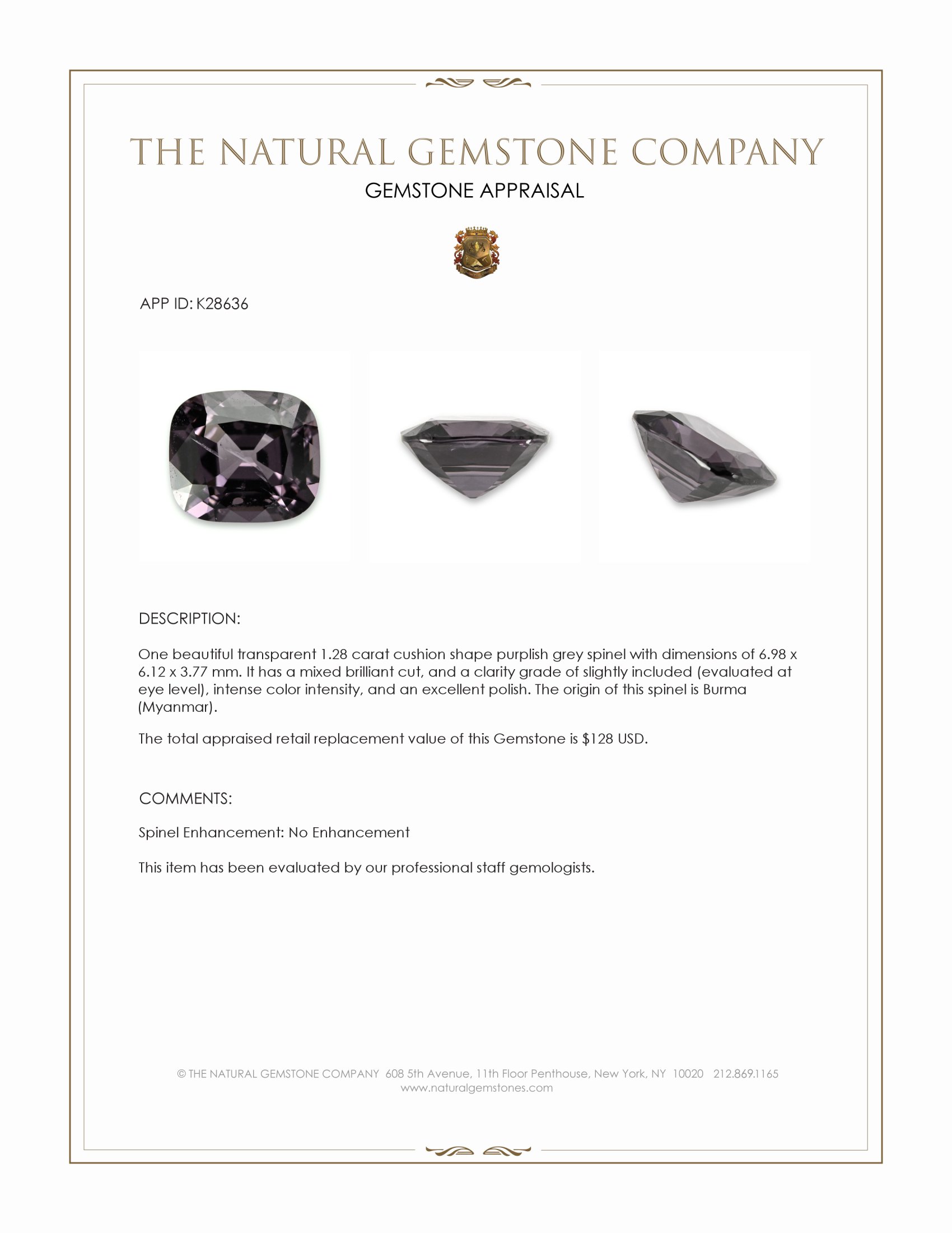 1.28 Ct. Purplish Grey Spinel from Burma (Myanmar)