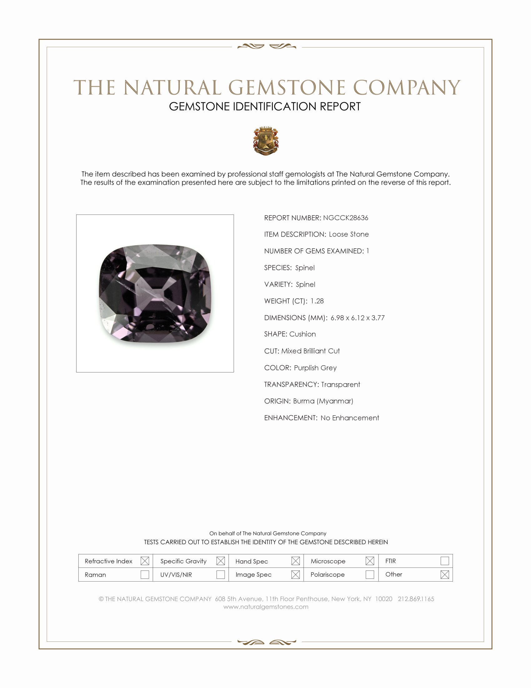 1.28 Ct. Purplish Grey Spinel from Burma (Myanmar)