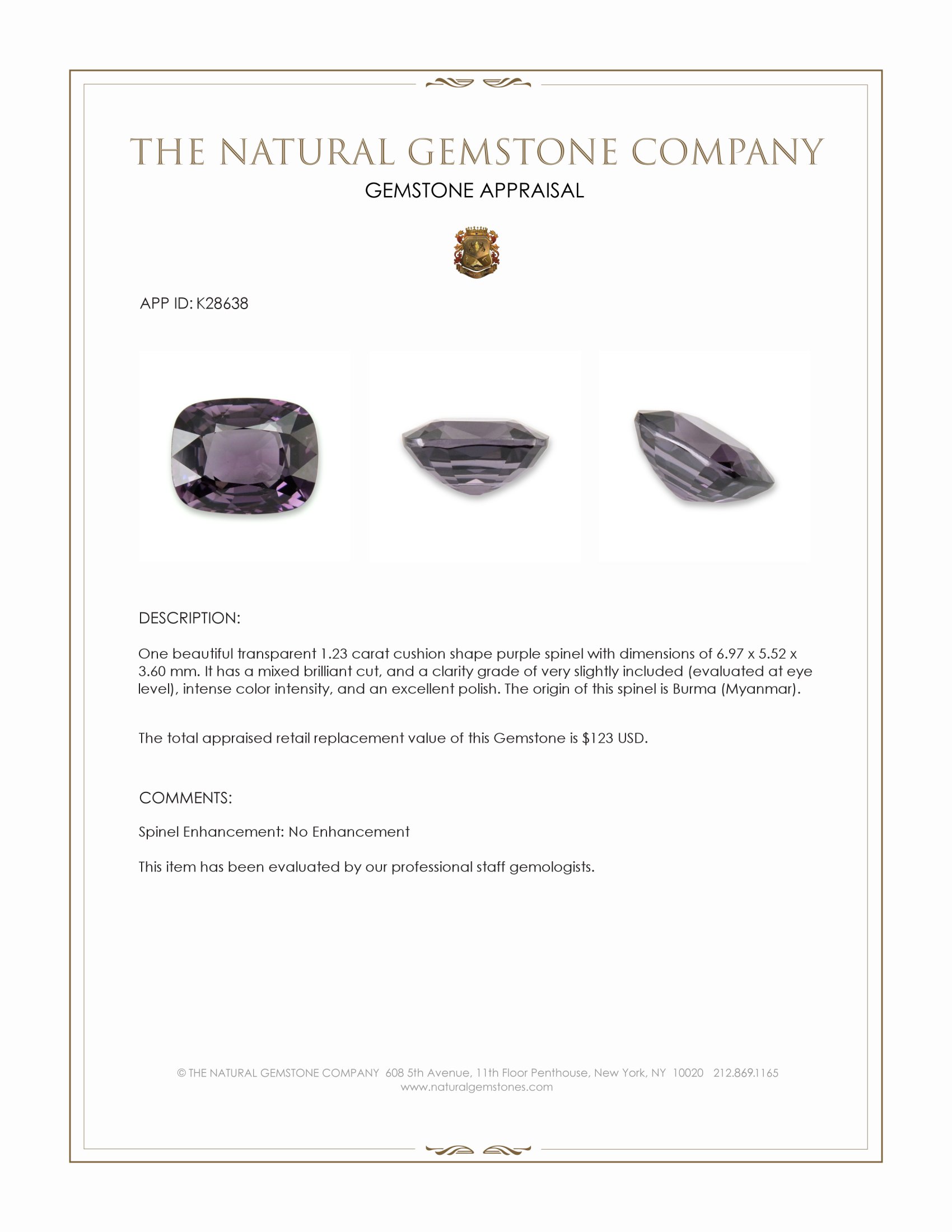 1.23 Ct. Purple Spinel from Burma (Myanmar)