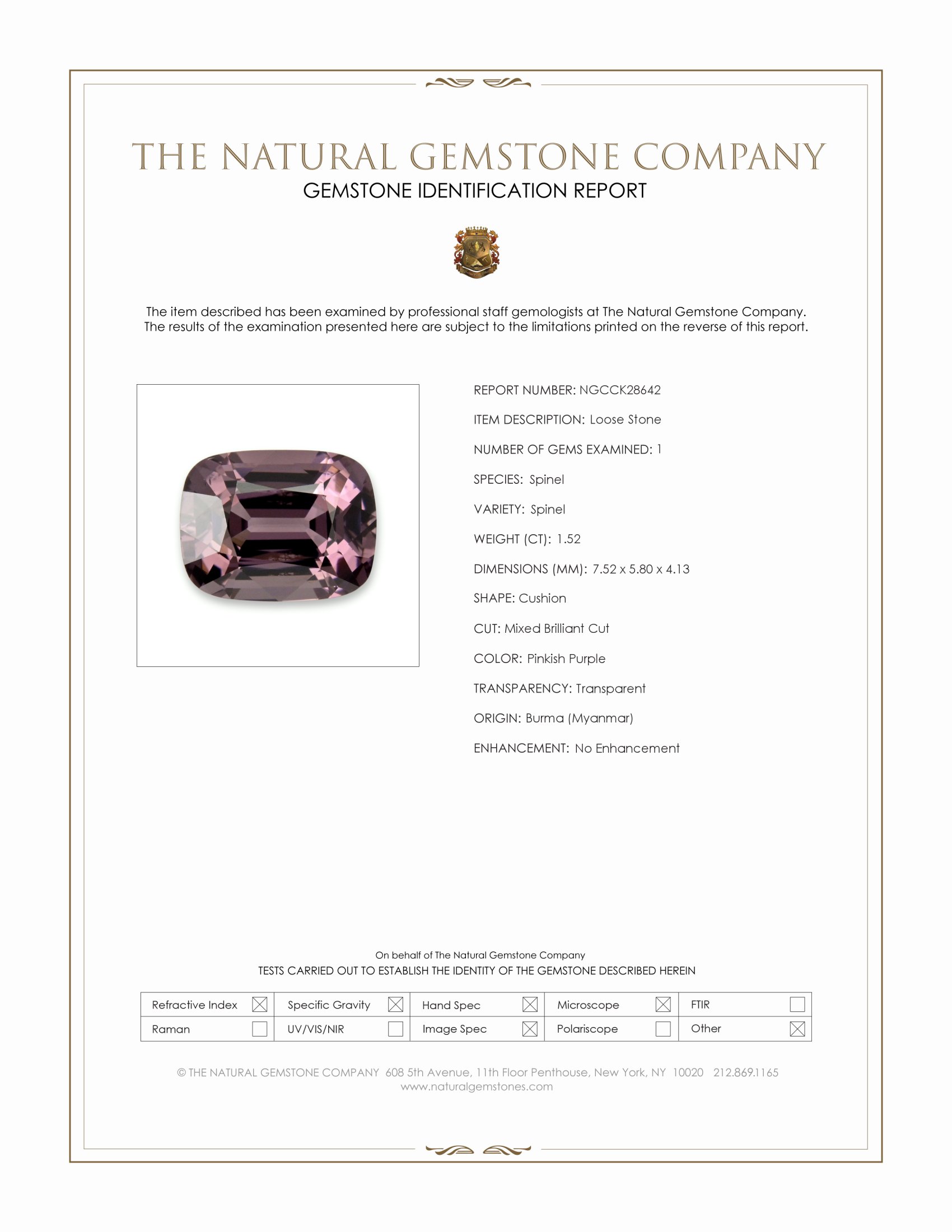 1.52 Ct. Pinkish Purple Spinel from Burma (Myanmar)