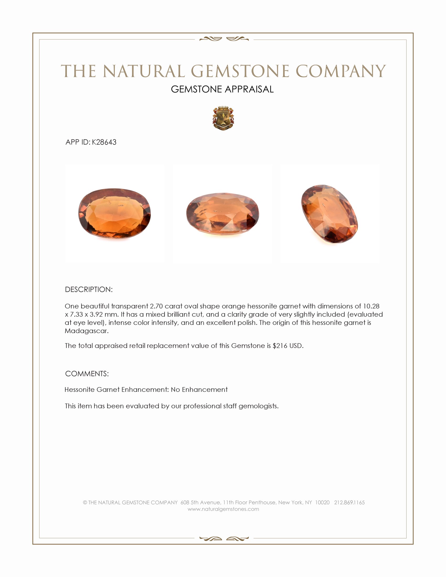 2.70 Ct. Orange Hessonite Garnet from Madagascar