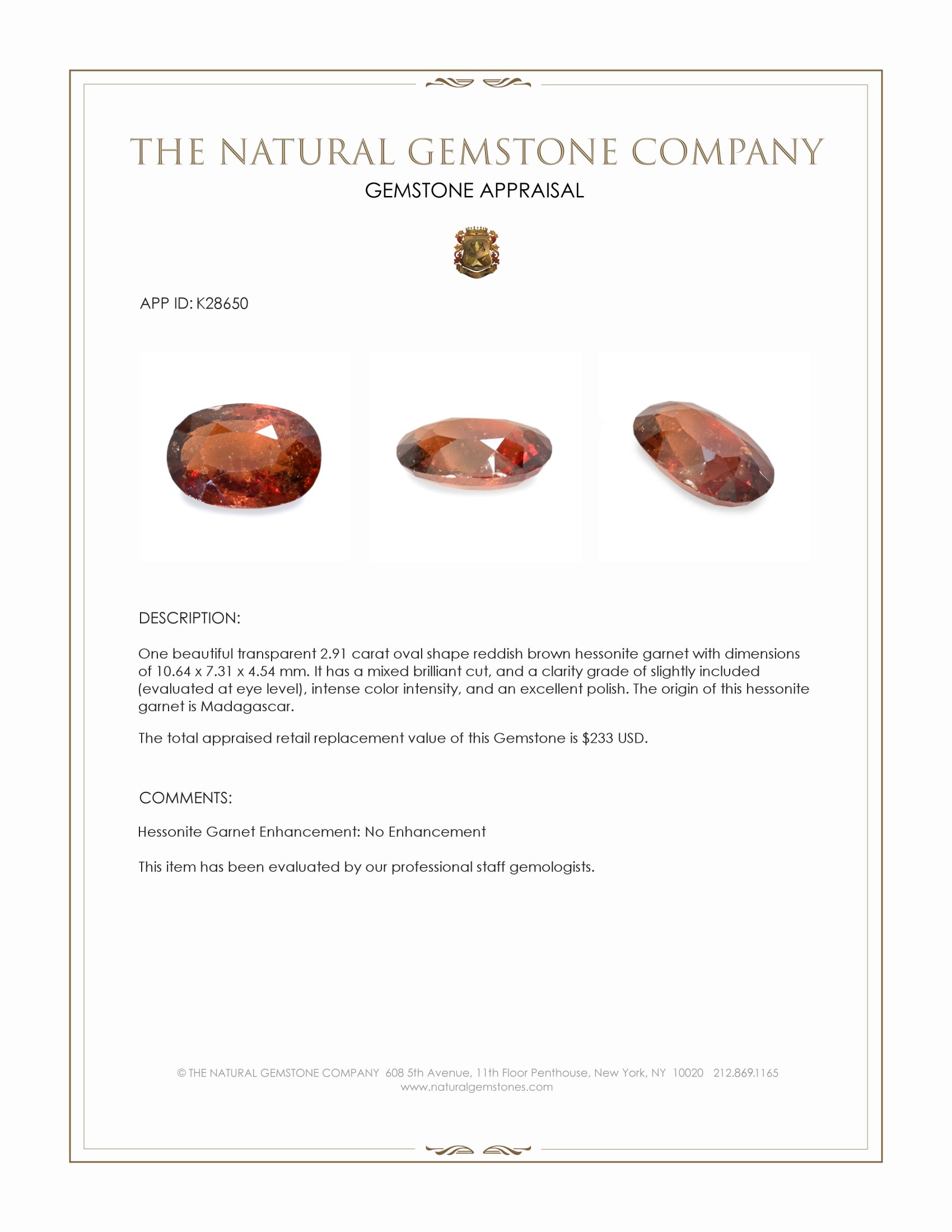 2.91 Ct. Reddish Brown Hessonite Garnet from Madagascar