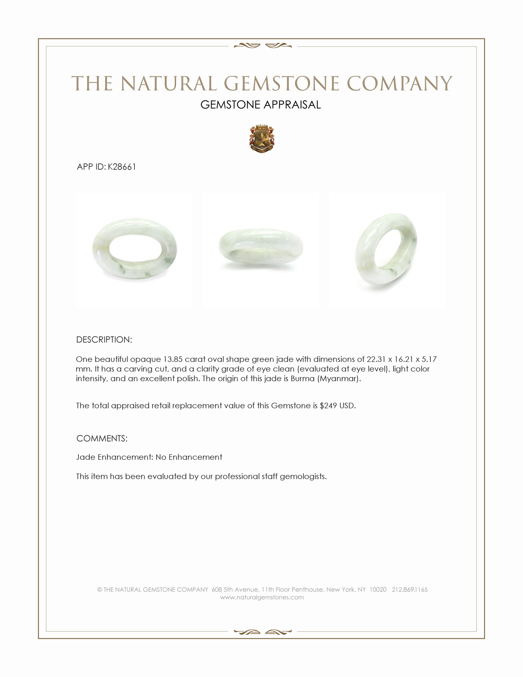 13.85 Ct. Green Jade from Burma (Myanmar)