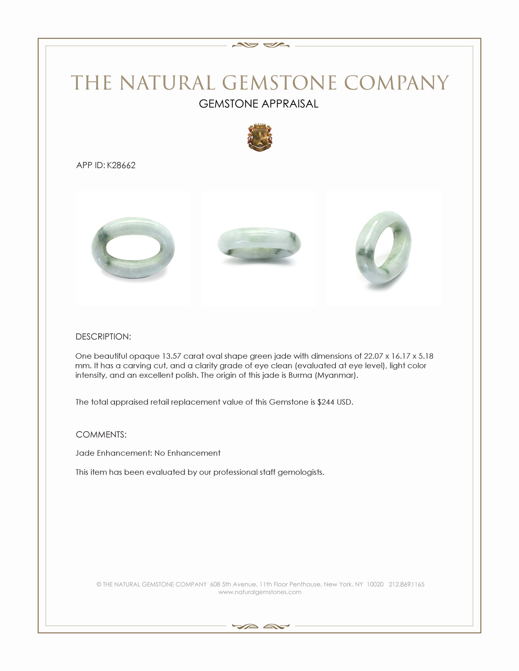 13.57 Ct. Green Jade from Burma (Myanmar)