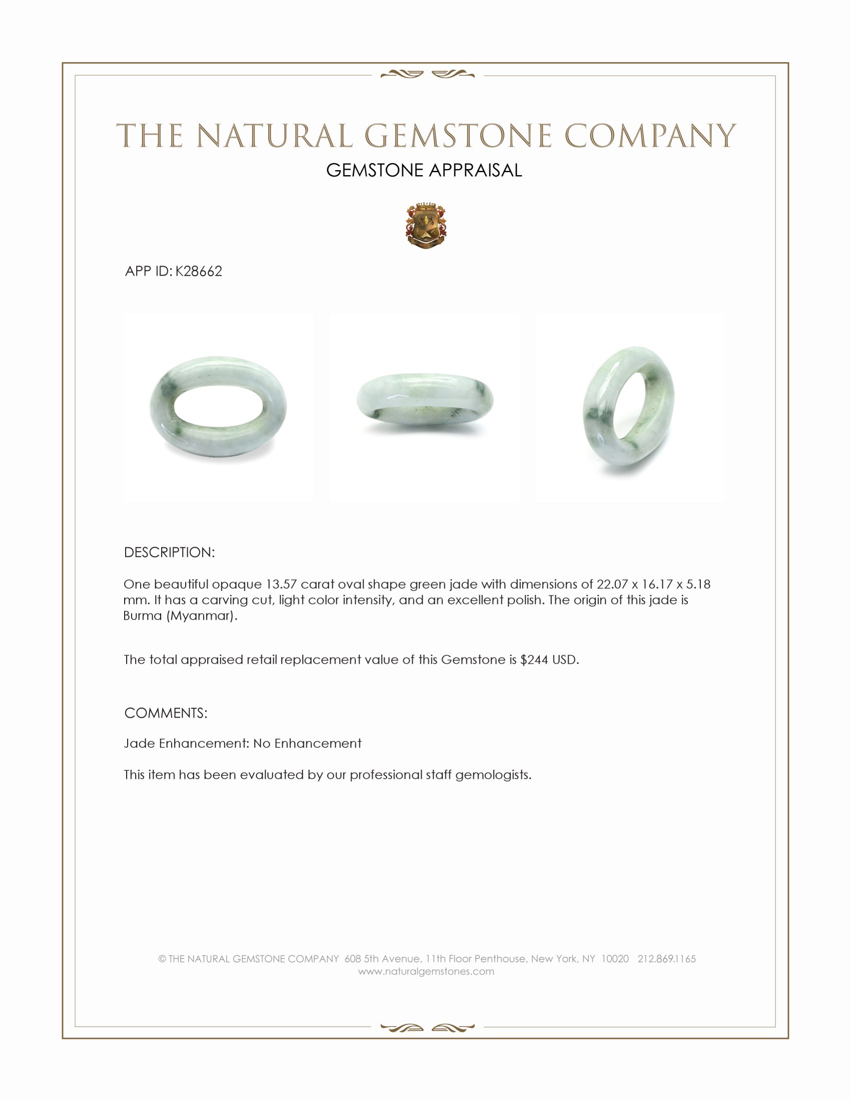 13.57 Ct. Green Jade from Burma (Myanmar)