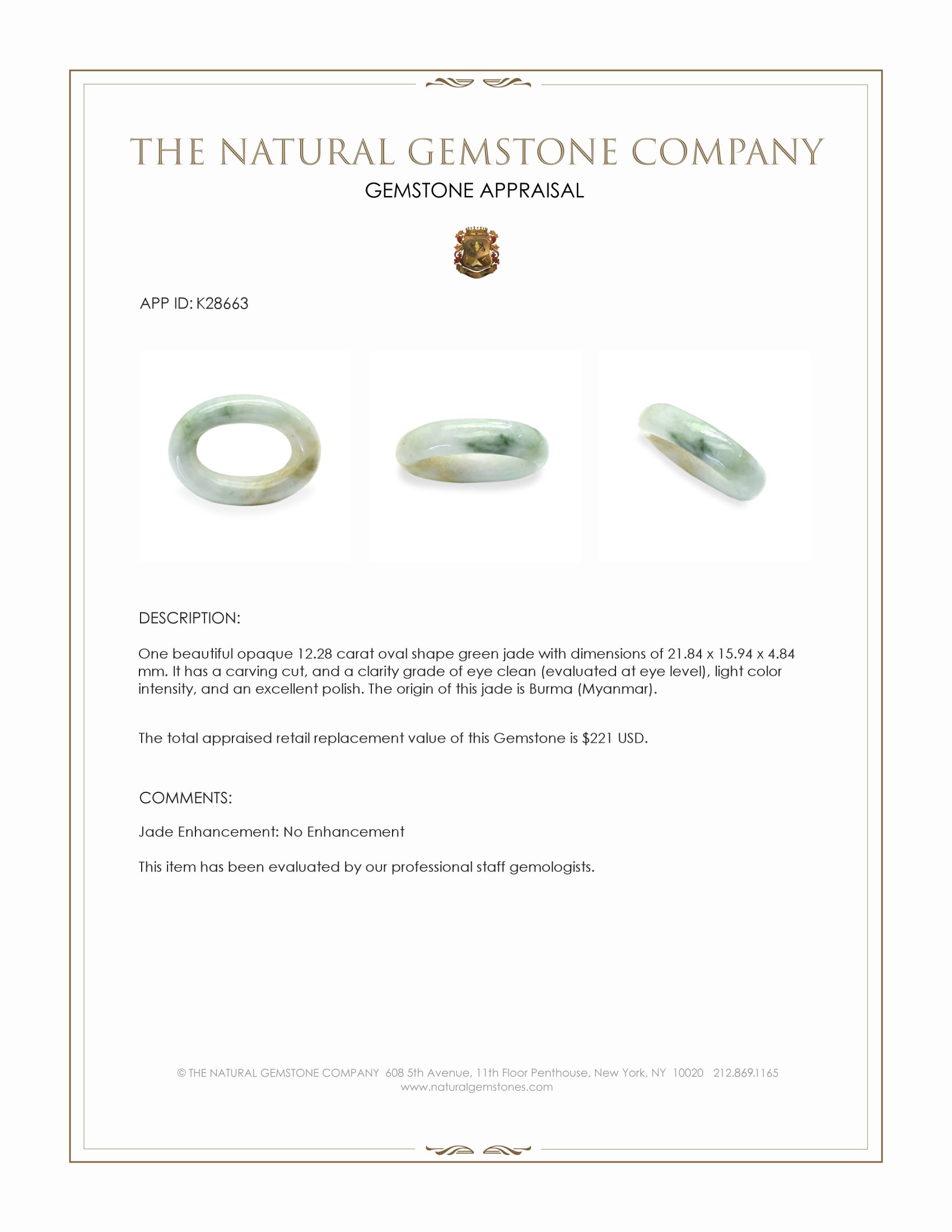 12.28 Ct. Green Jade from Burma (Myanmar)