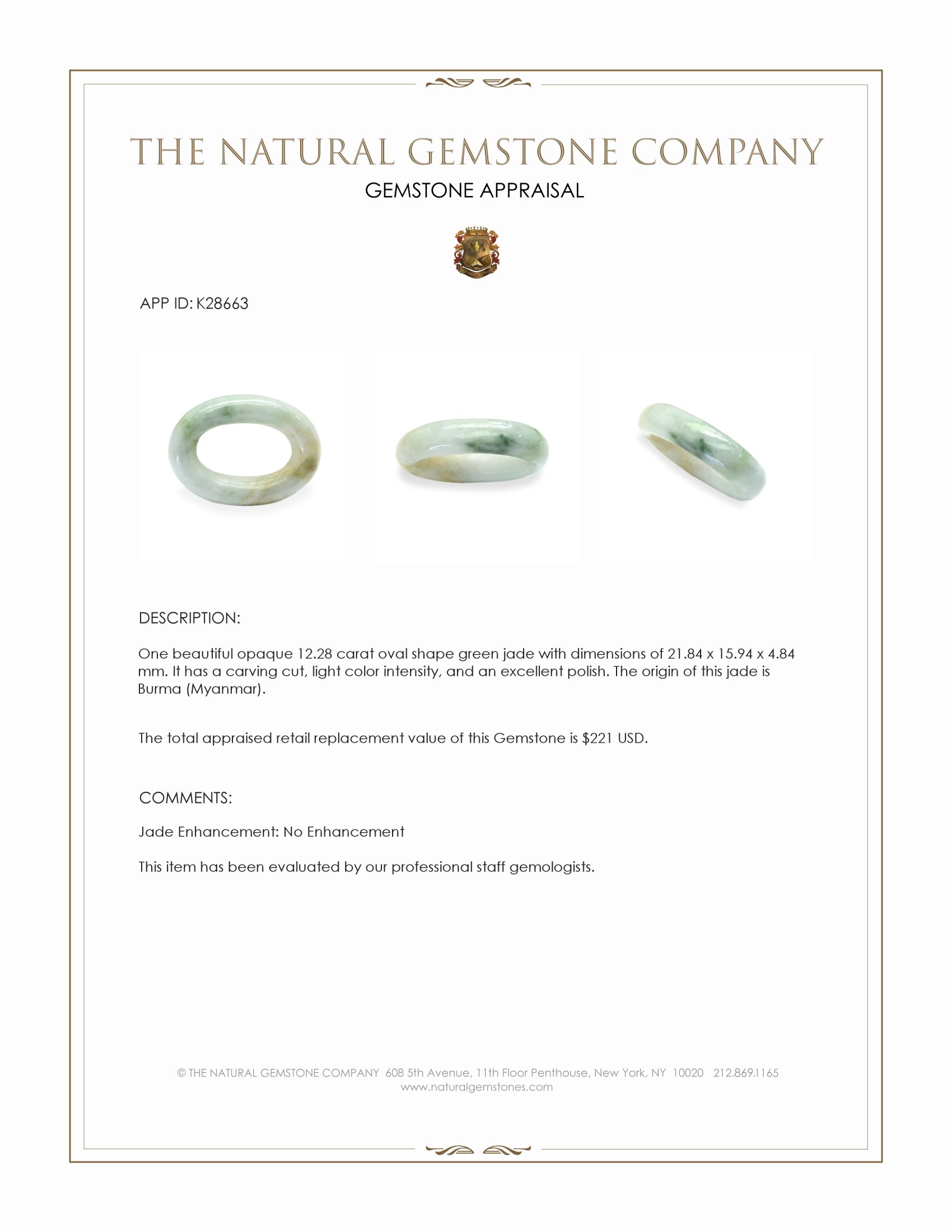 12.28 Ct. Green Jade from Burma (Myanmar)