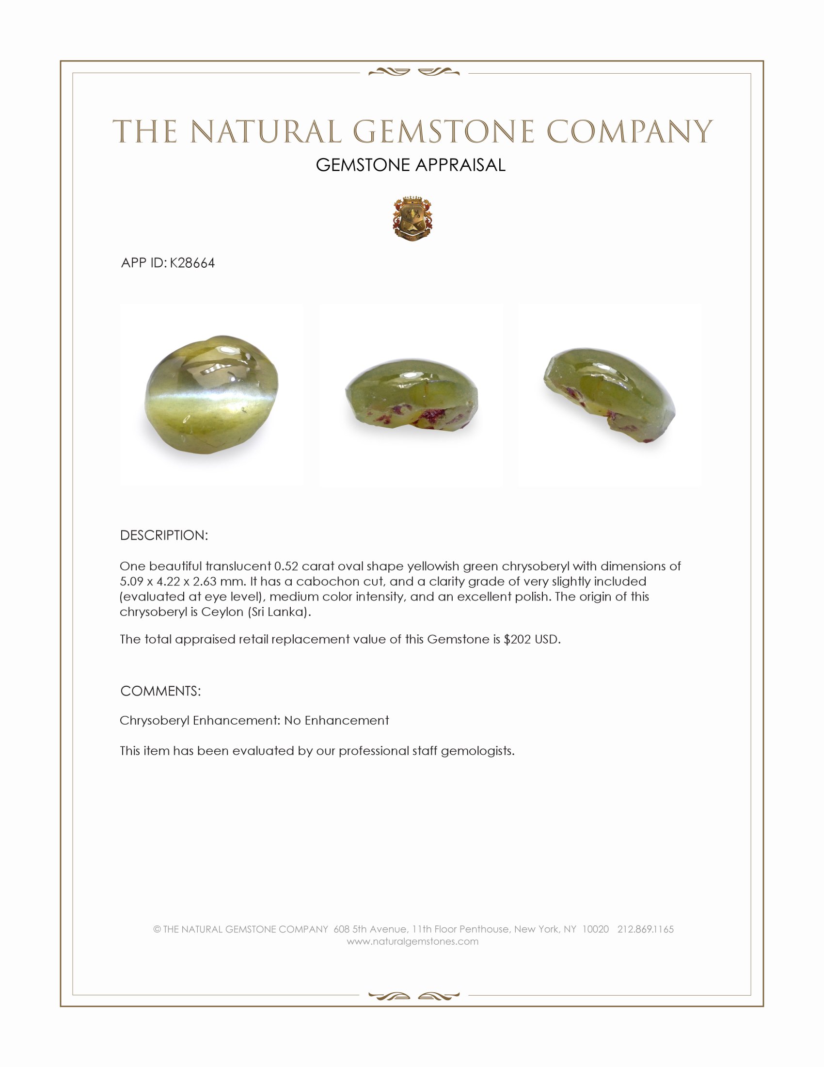 0.52 Ct. Yellowish Green Cabochon Chrysoberyl from Ceylon (Sri Lanka)
