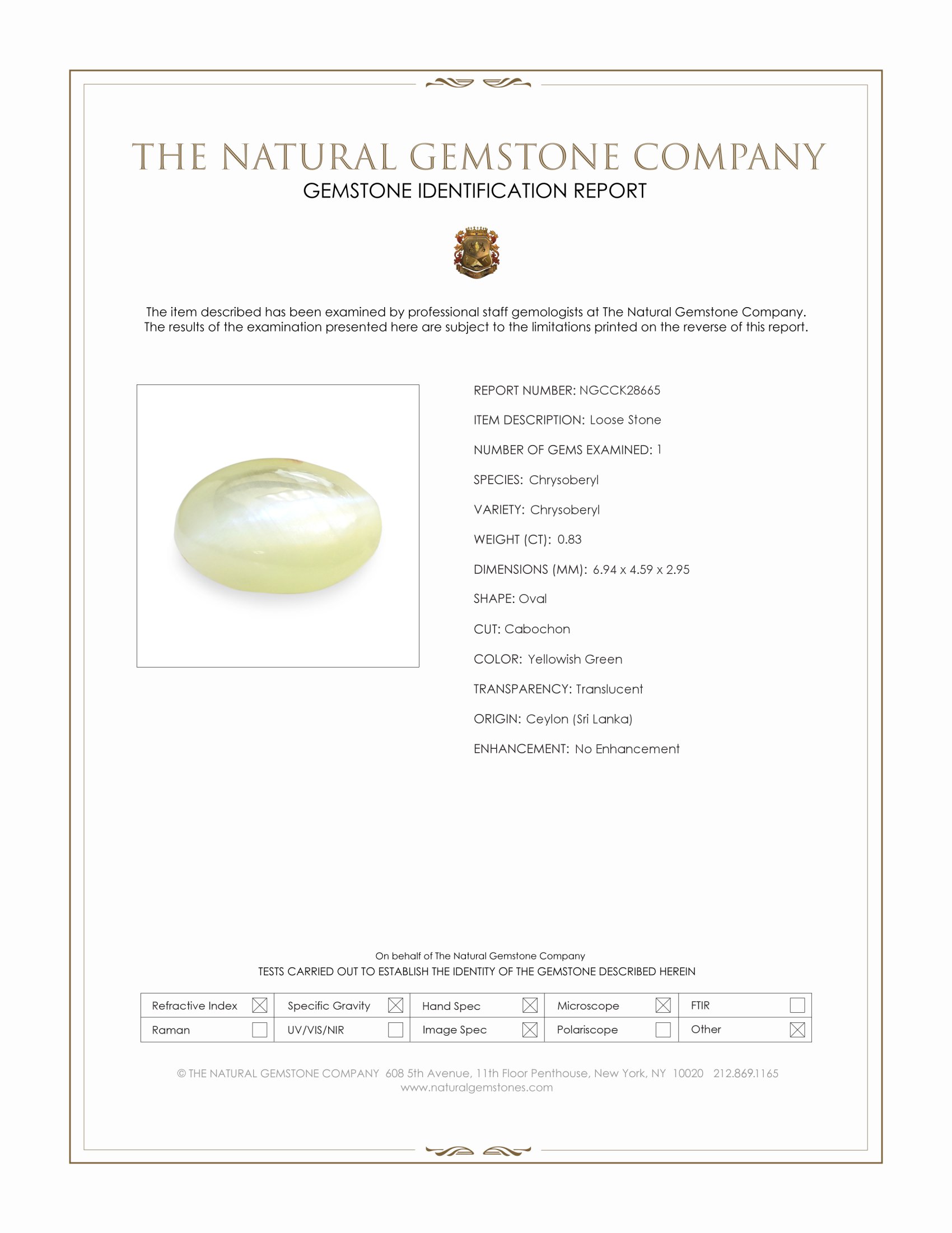 0.83 Ct. Yellowish Green Cabochon Chrysoberyl from Ceylon (Sri Lanka)