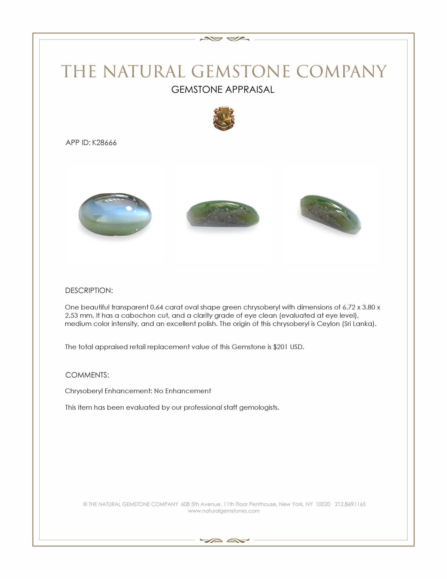 0.64 Ct. Green Cabochon Chrysoberyl from Ceylon (Sri Lanka)