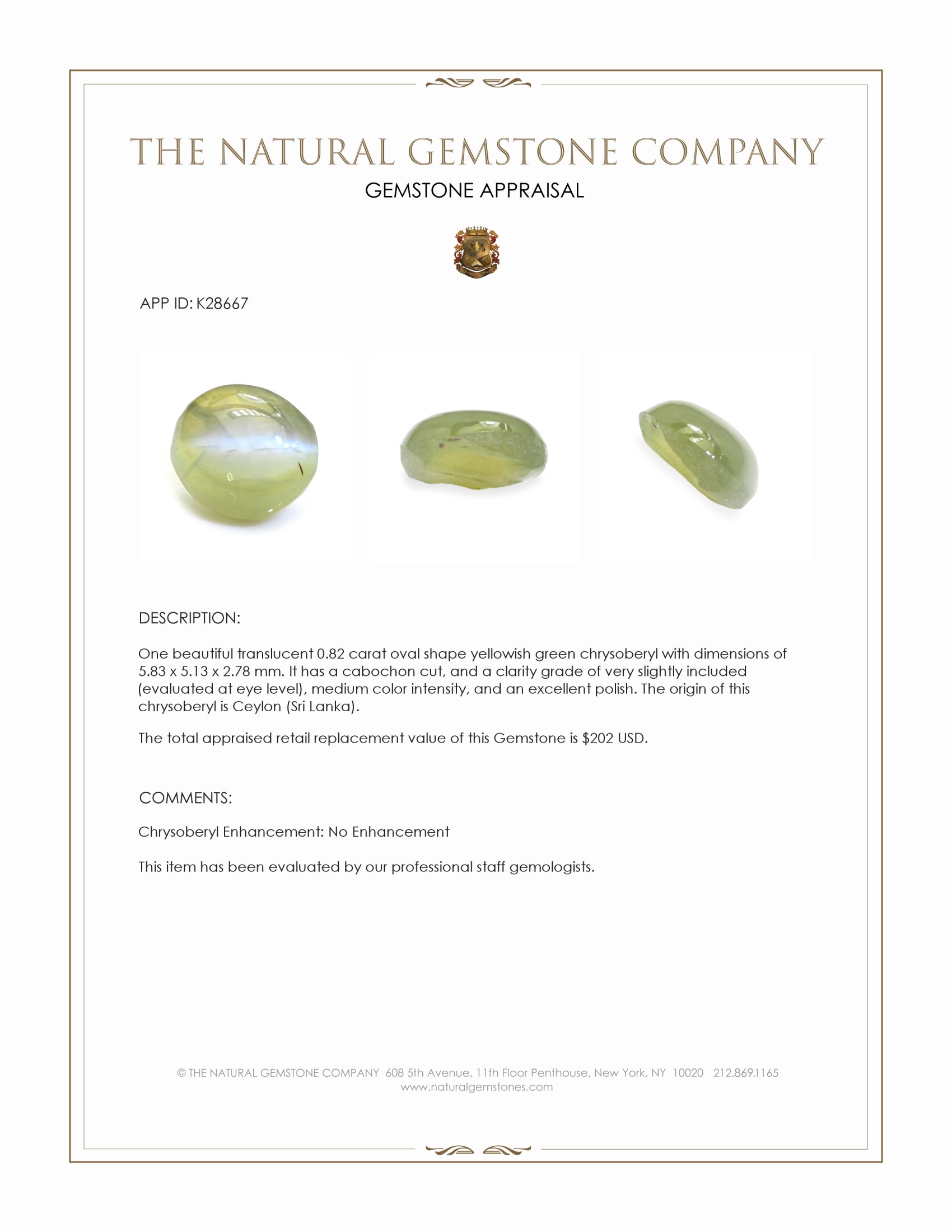 0.82 Ct. Yellowish Green Cabochon Chrysoberyl from Ceylon (Sri Lanka)
