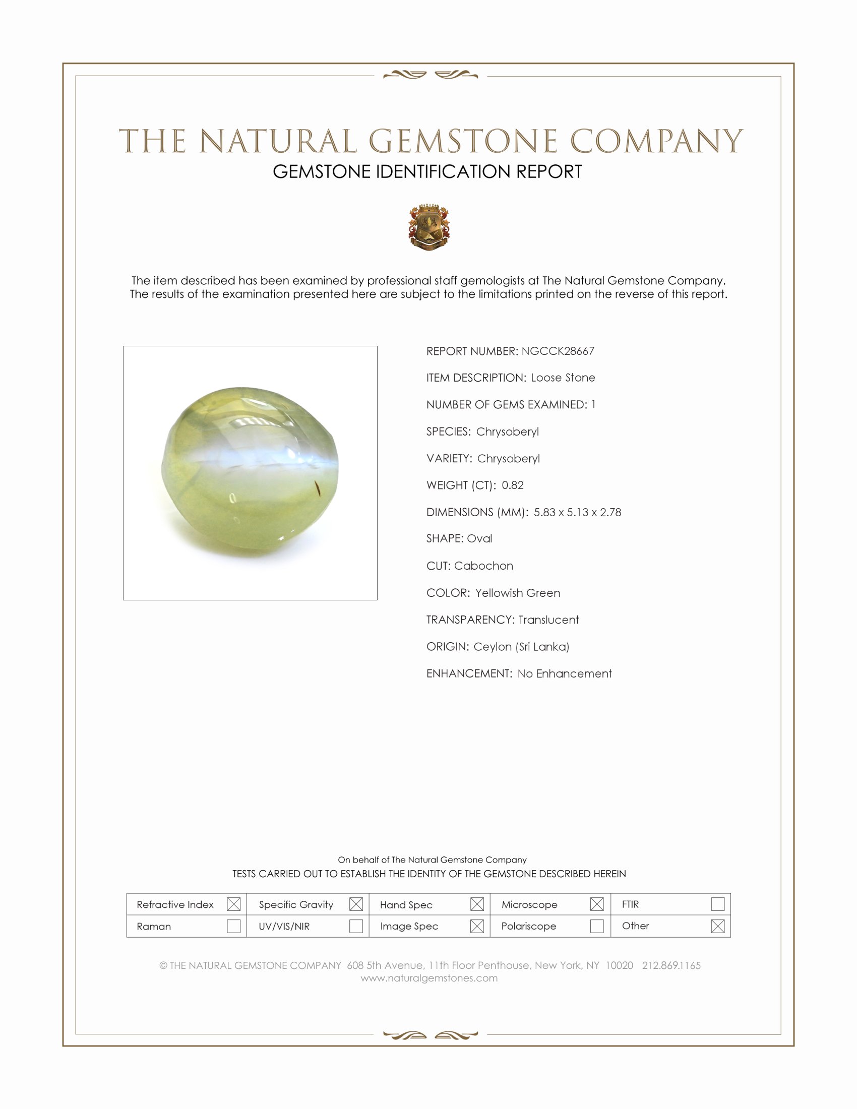 0.82 Ct. Yellowish Green Cabochon Chrysoberyl from Ceylon (Sri Lanka)