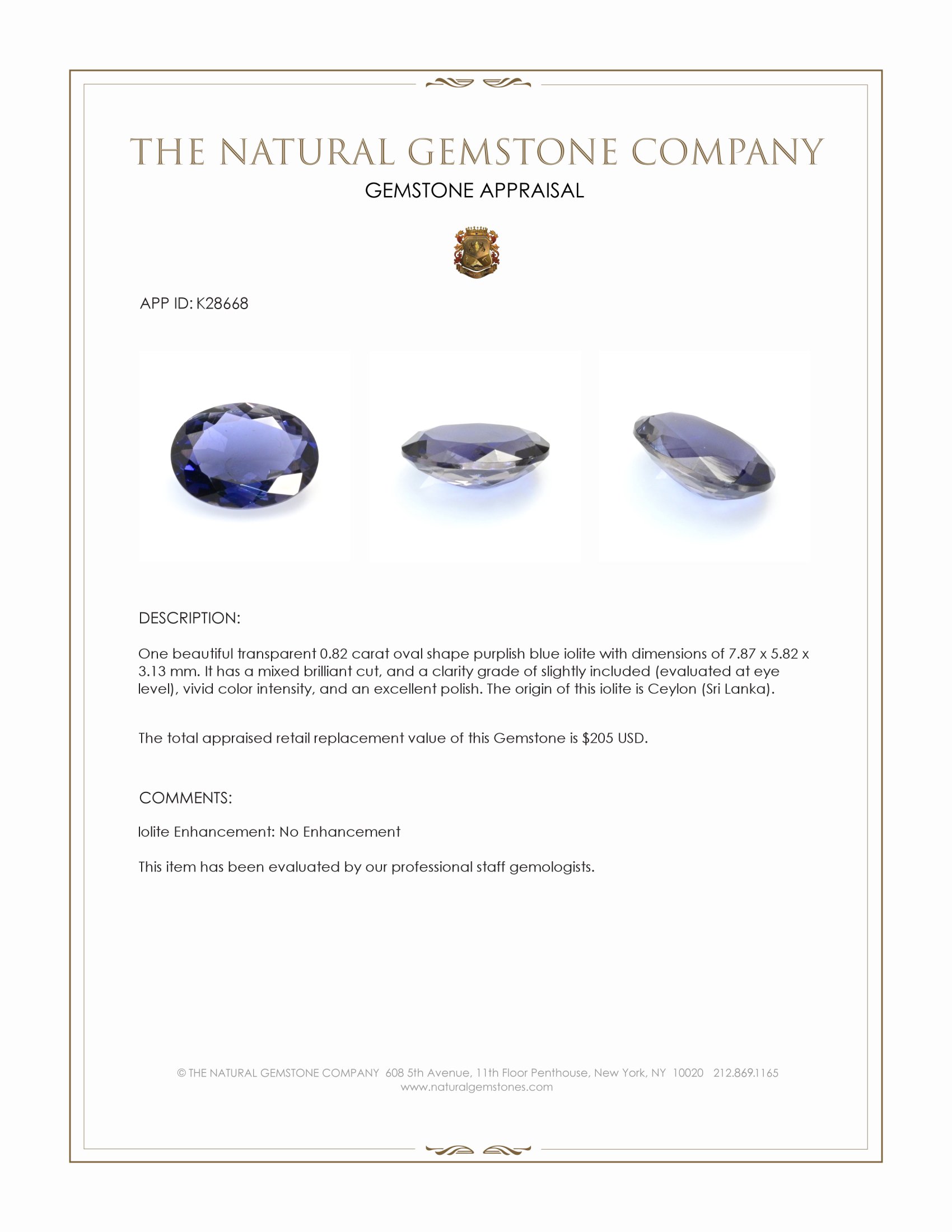 0.82 Ct. Purplish Blue Iolite from Ceylon (Sri Lanka)