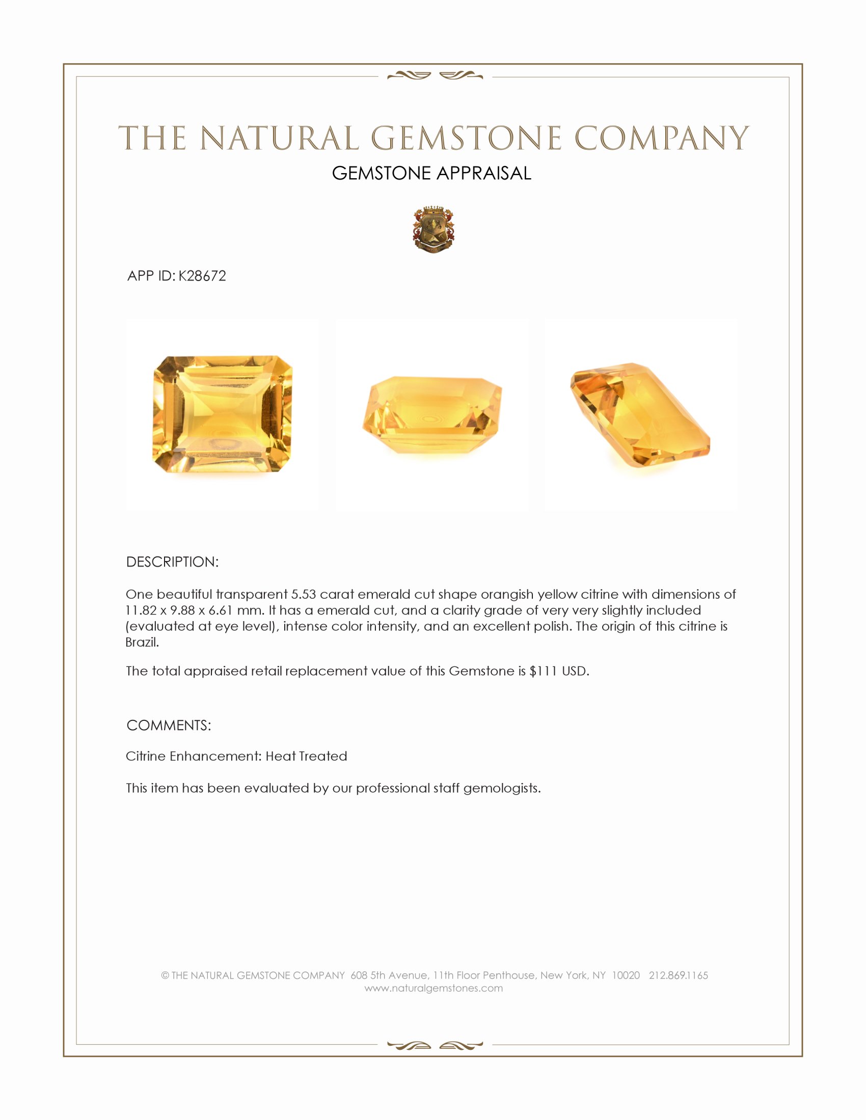5.53 Ct. Orangish Yellow Citrine from Brazil
