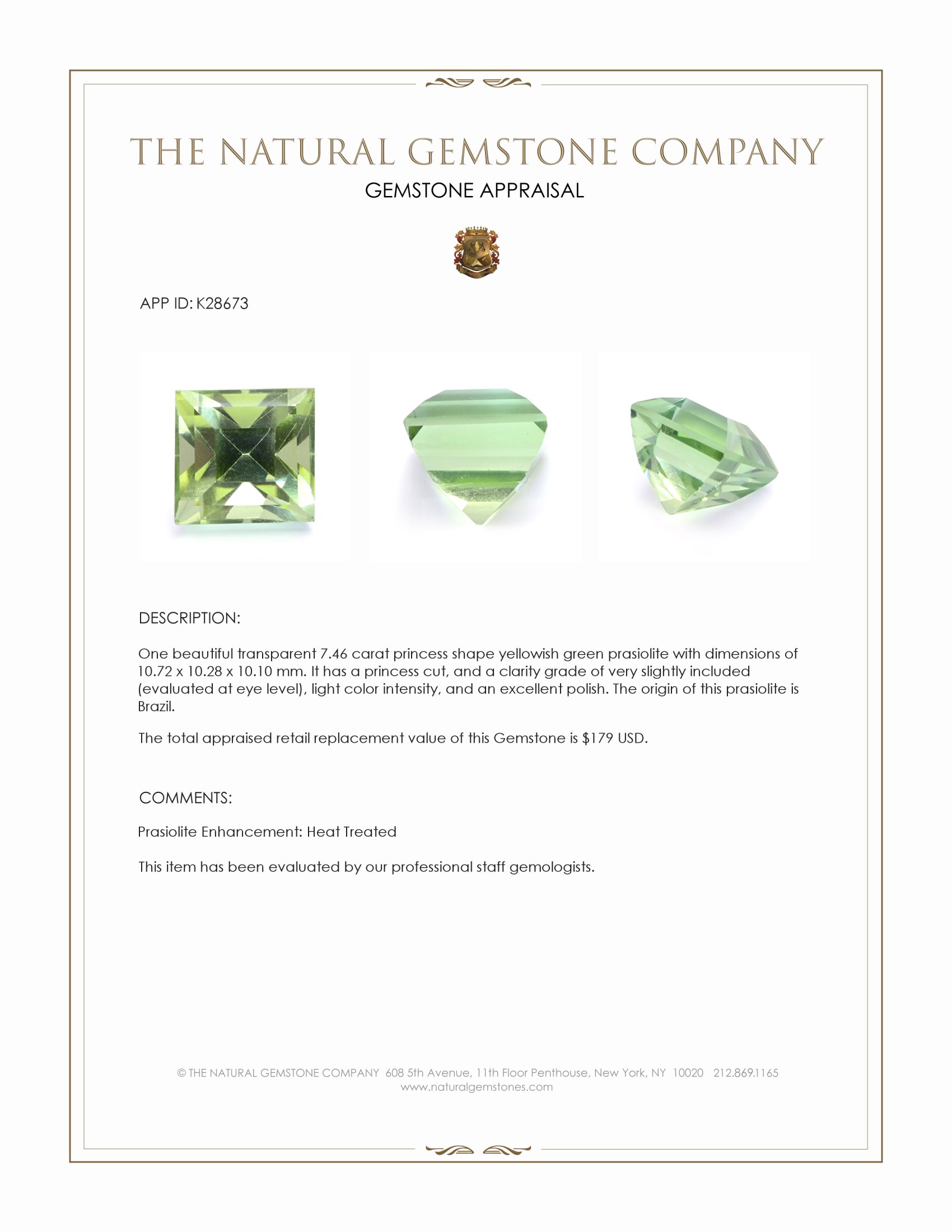 7.46 Ct. Yellowish Green Prasiolite from Brazil