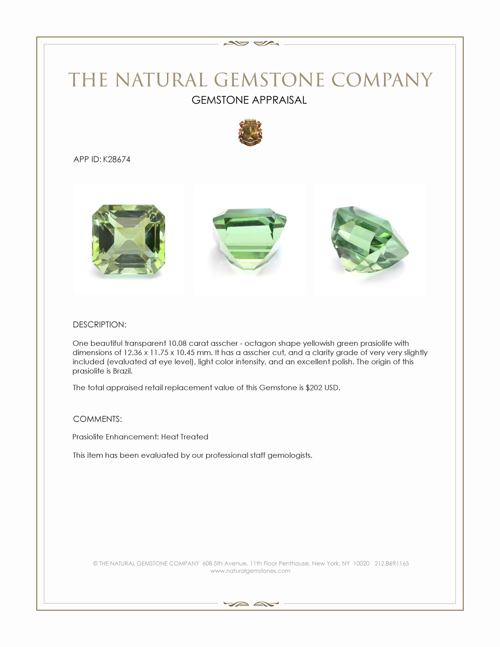 10.08 Ct. Yellowish Green Prasiolite from Brazil