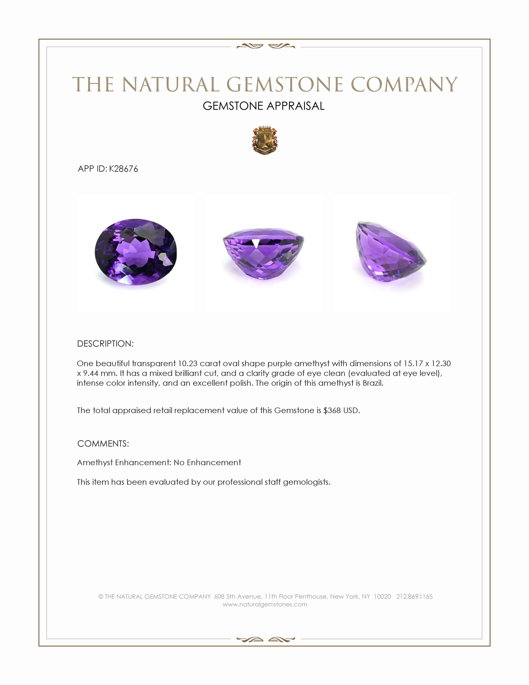 10.23 Ct. Purple Amethyst from Brazil