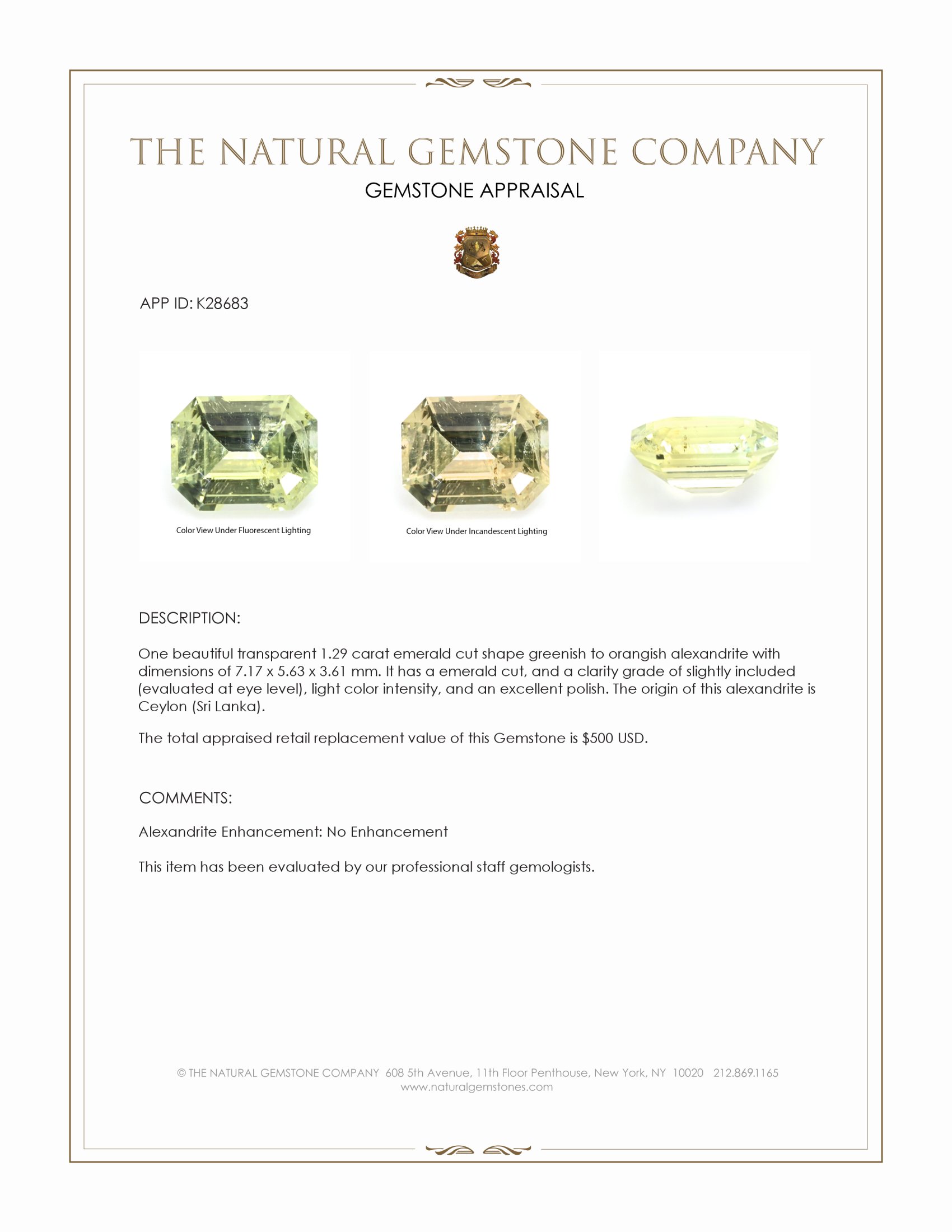 1.29 Ct. Alexandrite from Ceylon (Sri Lanka)