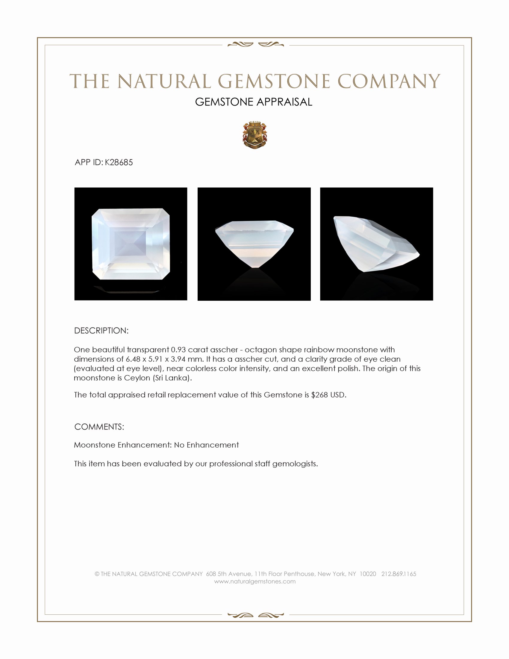 0.93 Ct. Rainbow Moonstone from Ceylon (Sri Lanka)