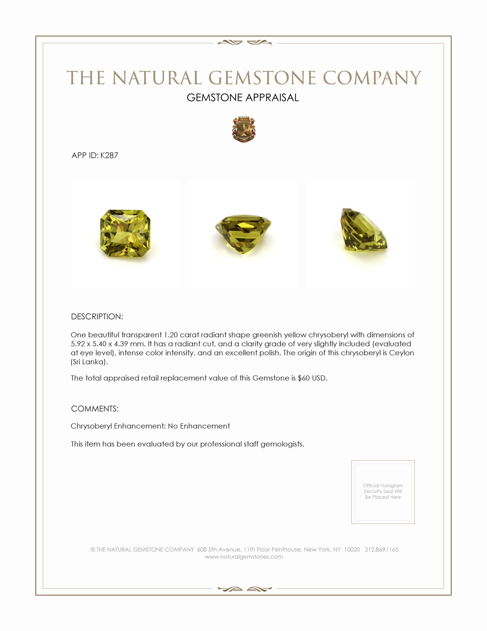1.20 Ct. Chrysoberyl from Ceylon (Sri Lanka)