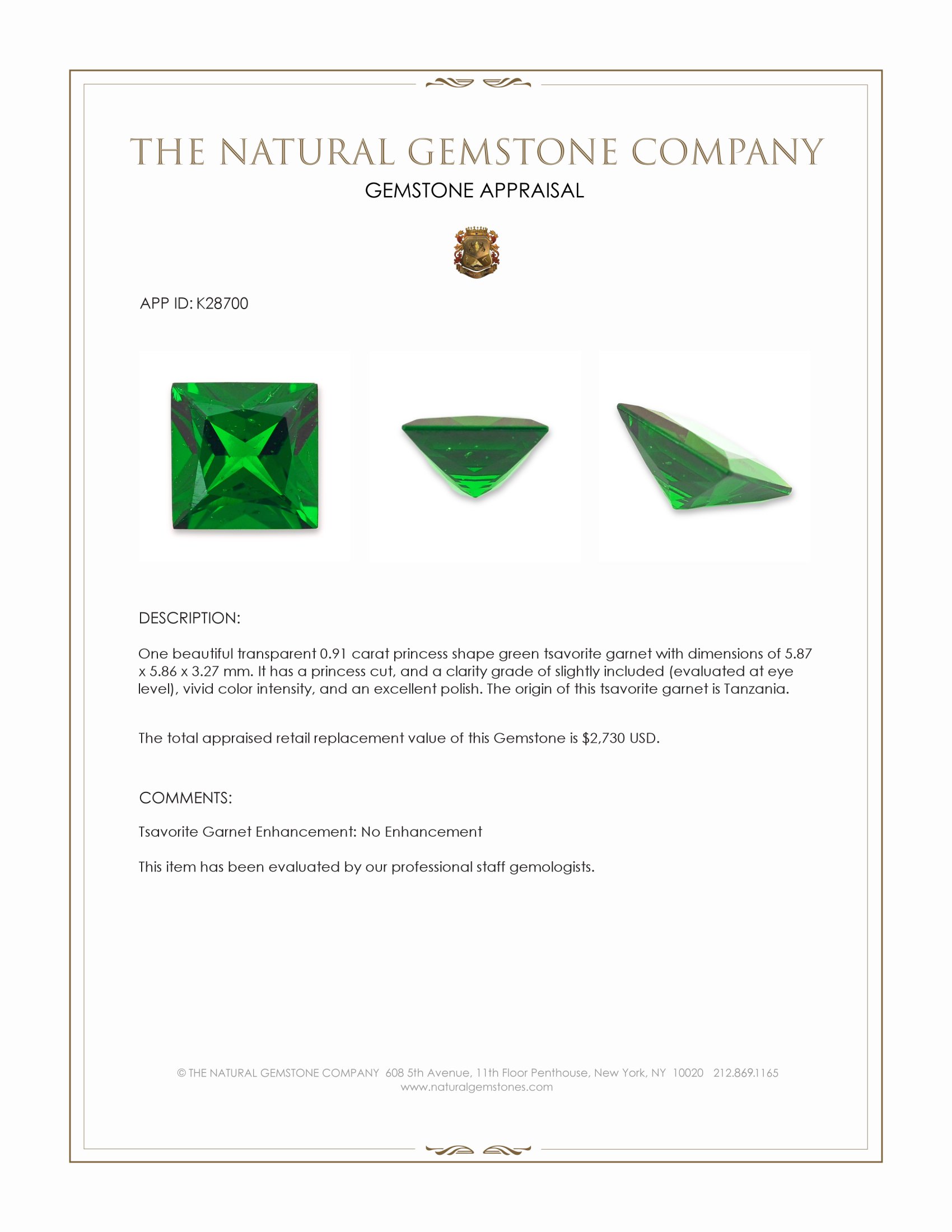 0.91 Ct. Tsavorite Garnet from Tanzania