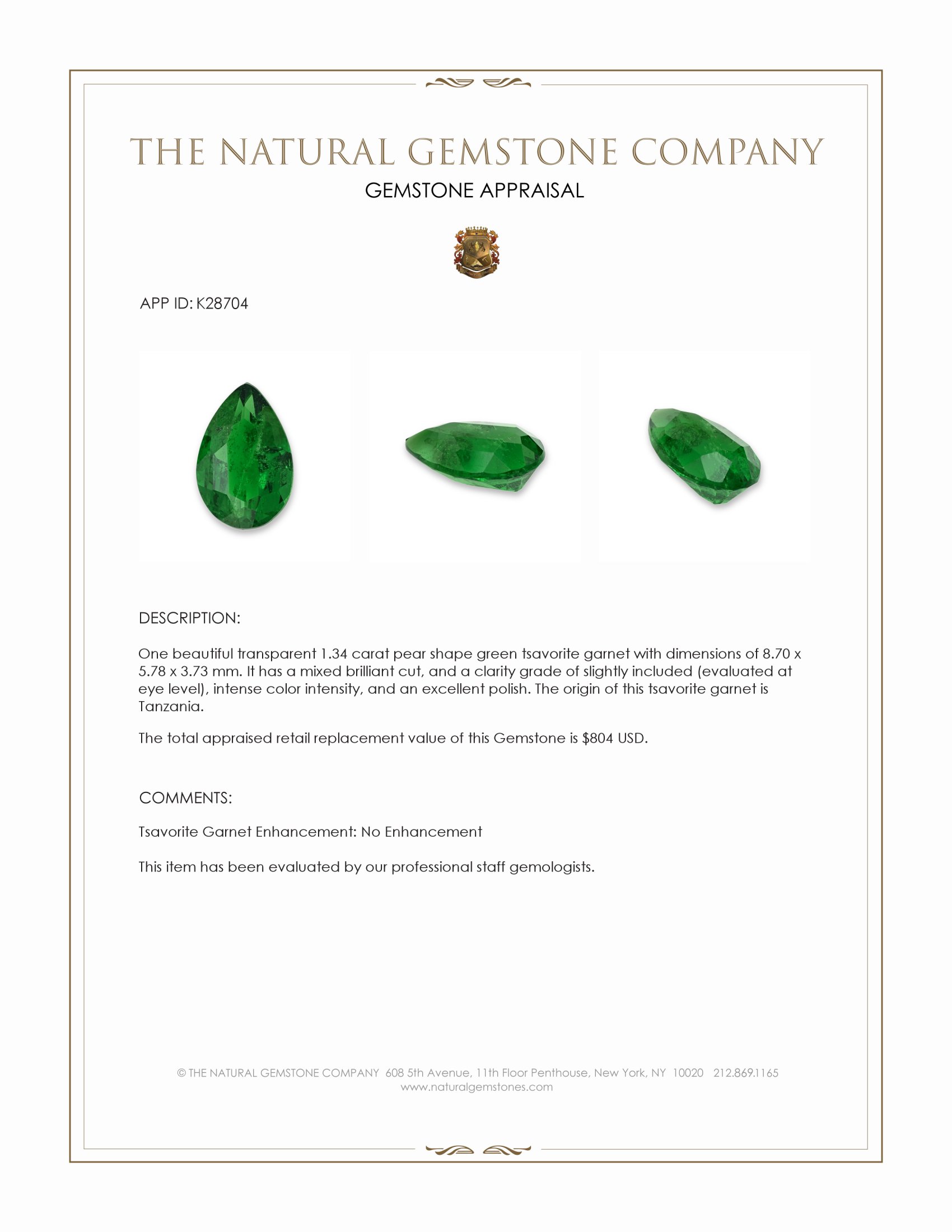 1.34 Ct. Tsavorite Garnet from Tanzania