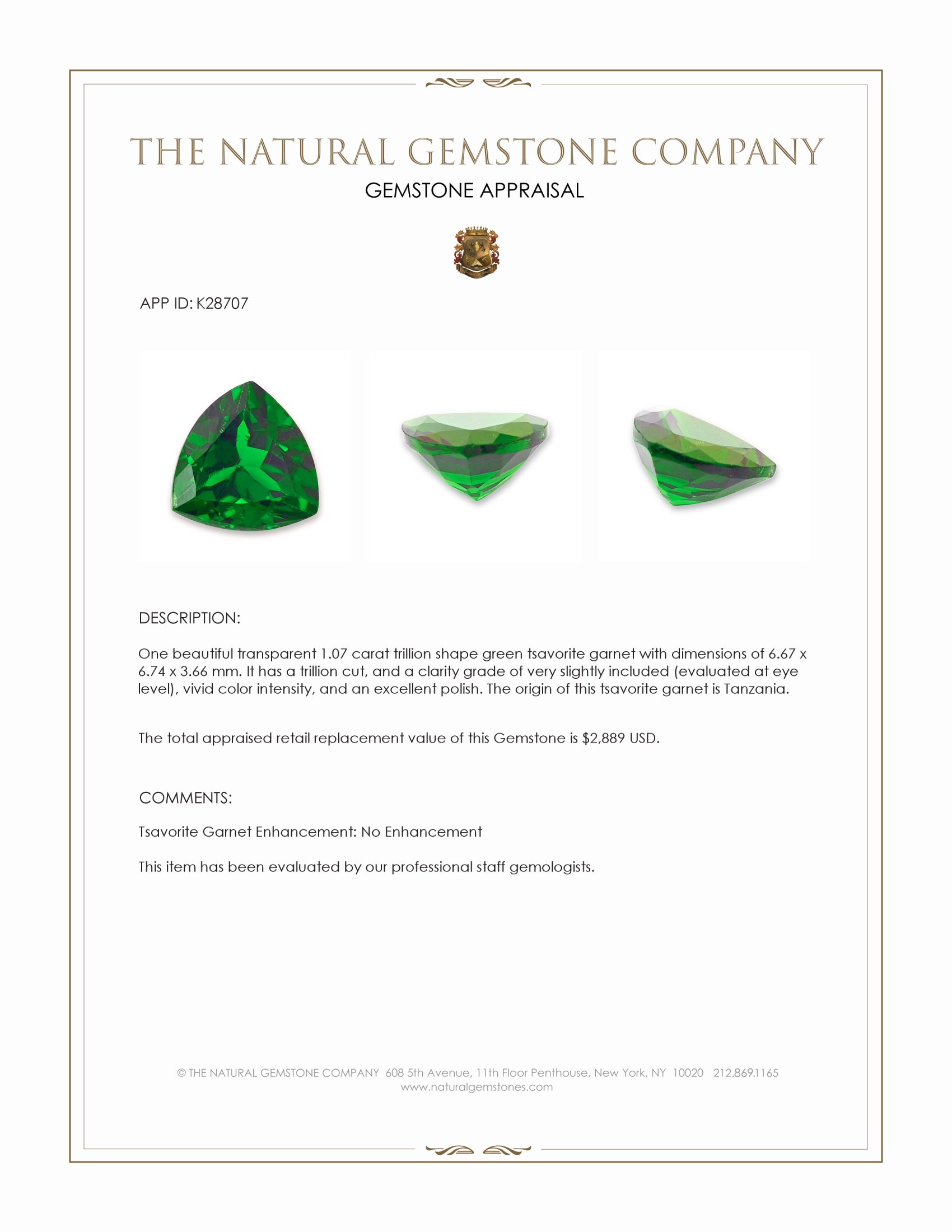 1.07 Ct. Tsavorite Garnet from Tanzania