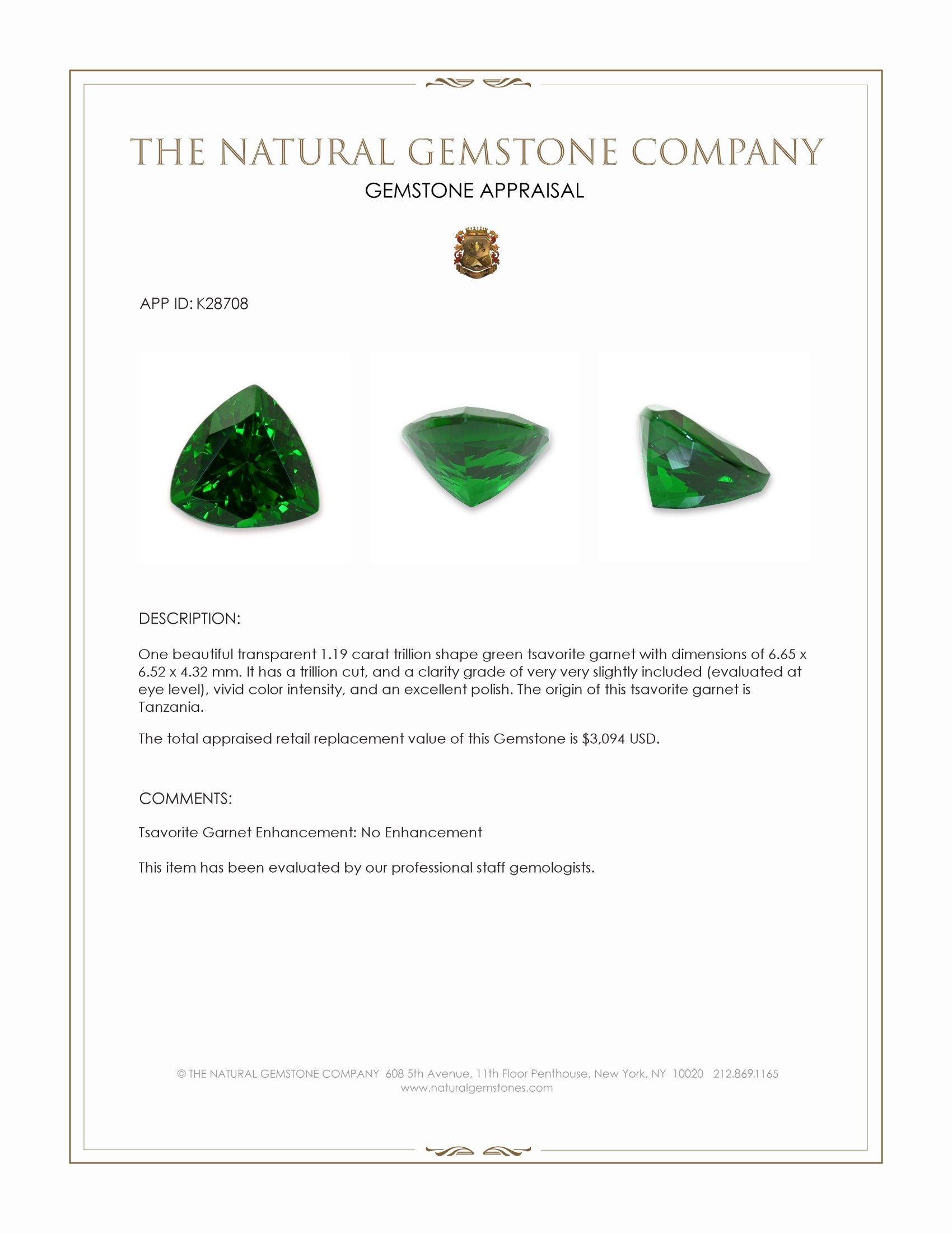 1.19 Ct. Tsavorite Garnet from Tanzania