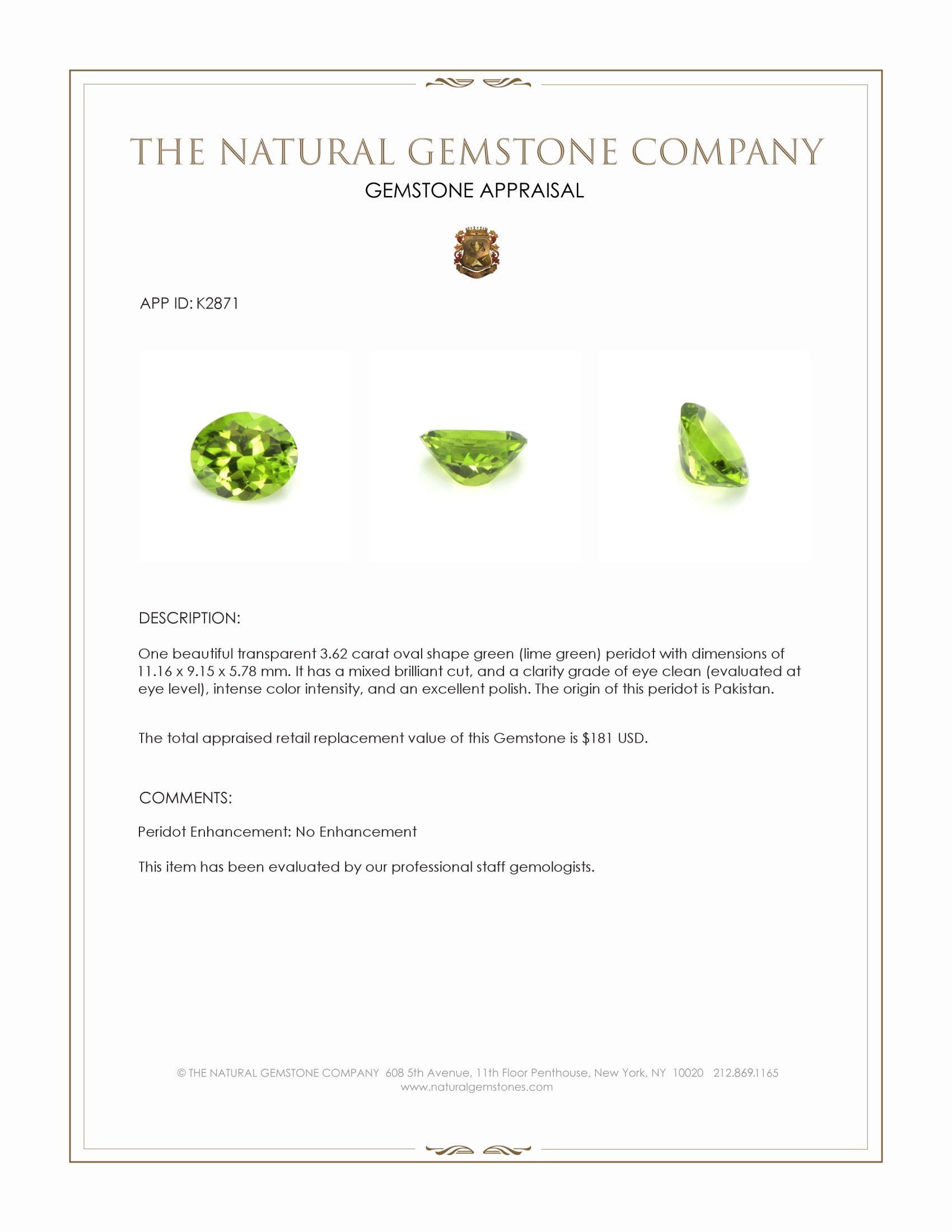 3.62 Ct. Green (Lime Green) Peridot from Pakistan